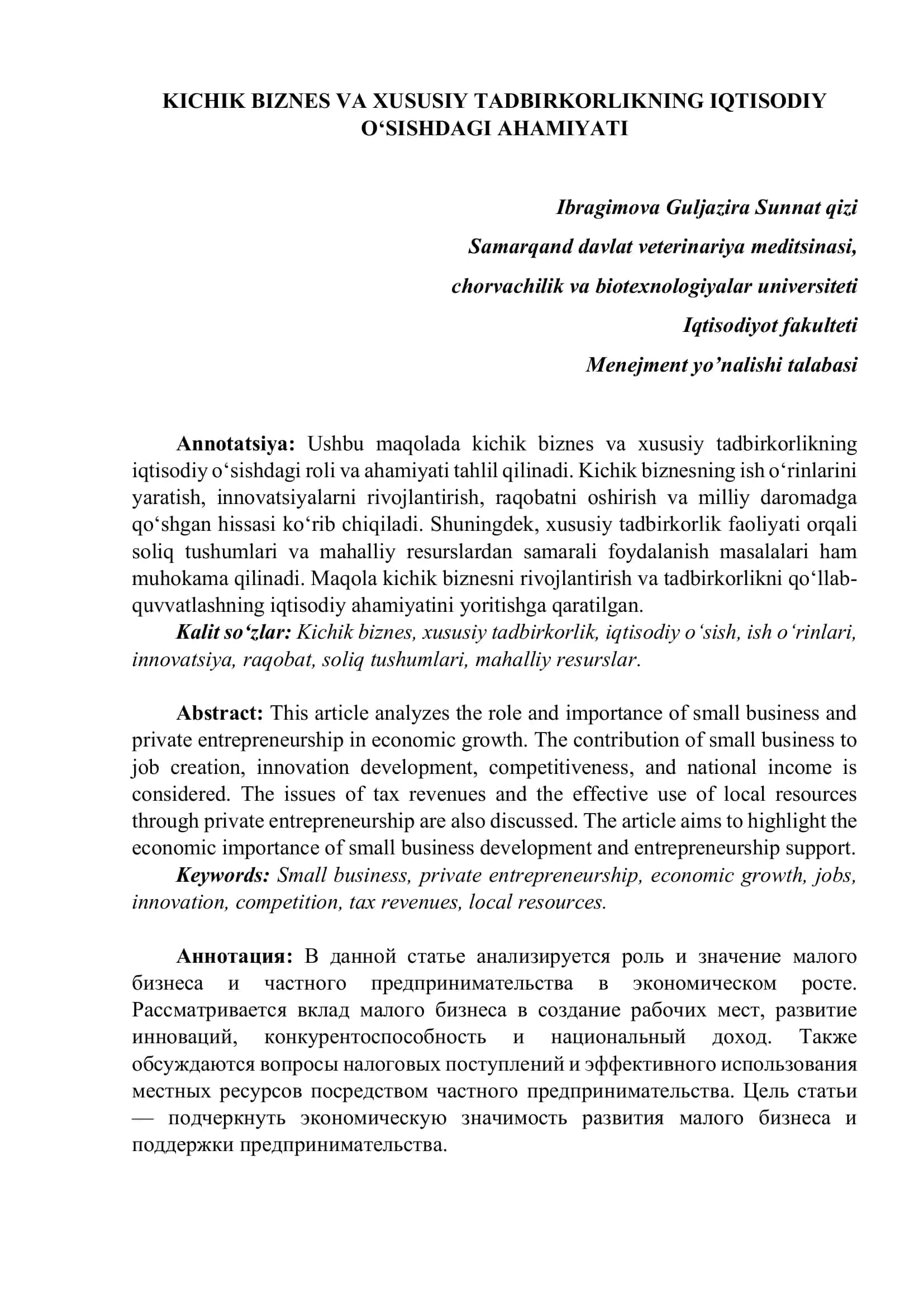 Kichik BIZNES VA XUSUSIY TADBIRKORLIKNING IQTISODIY O‘SISHDAGI AHAMIYATI 1