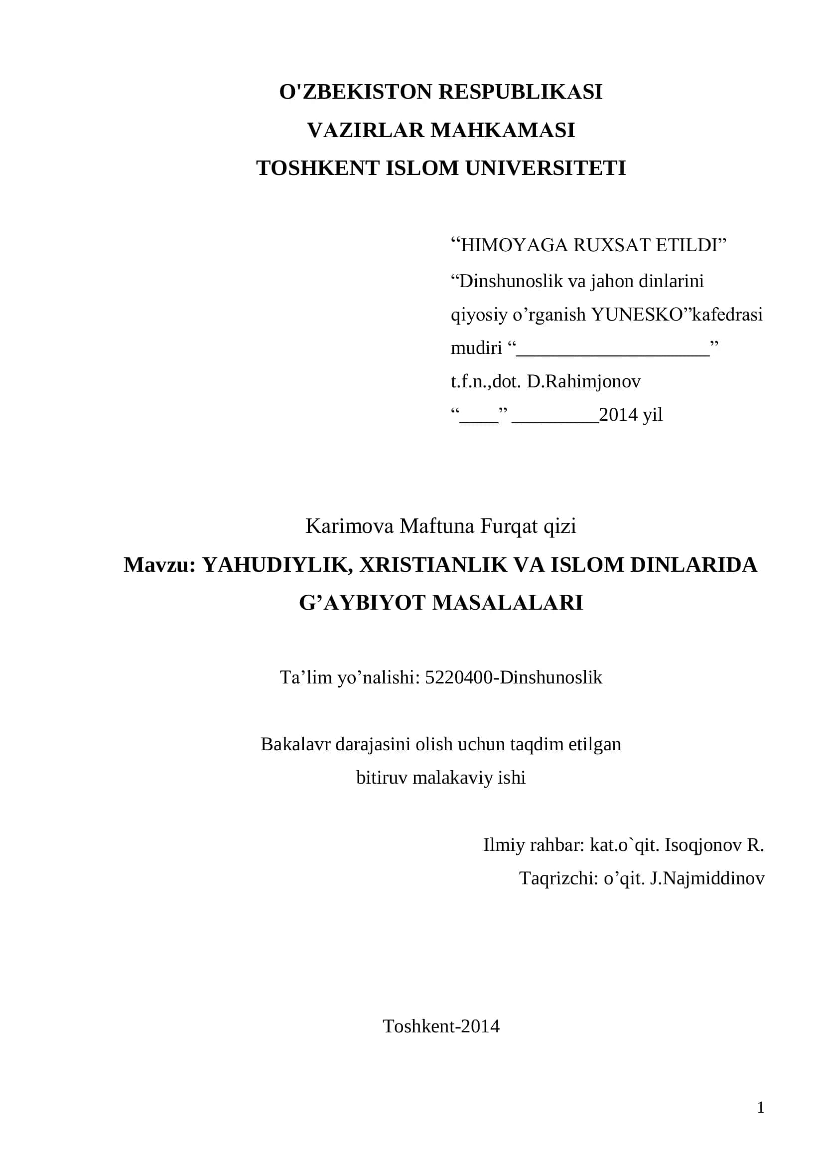 YAHUDIYLIK, XRISTIANLIK VA ISLOM DINLARIDA G’AYBIYOT MASALALARI 1