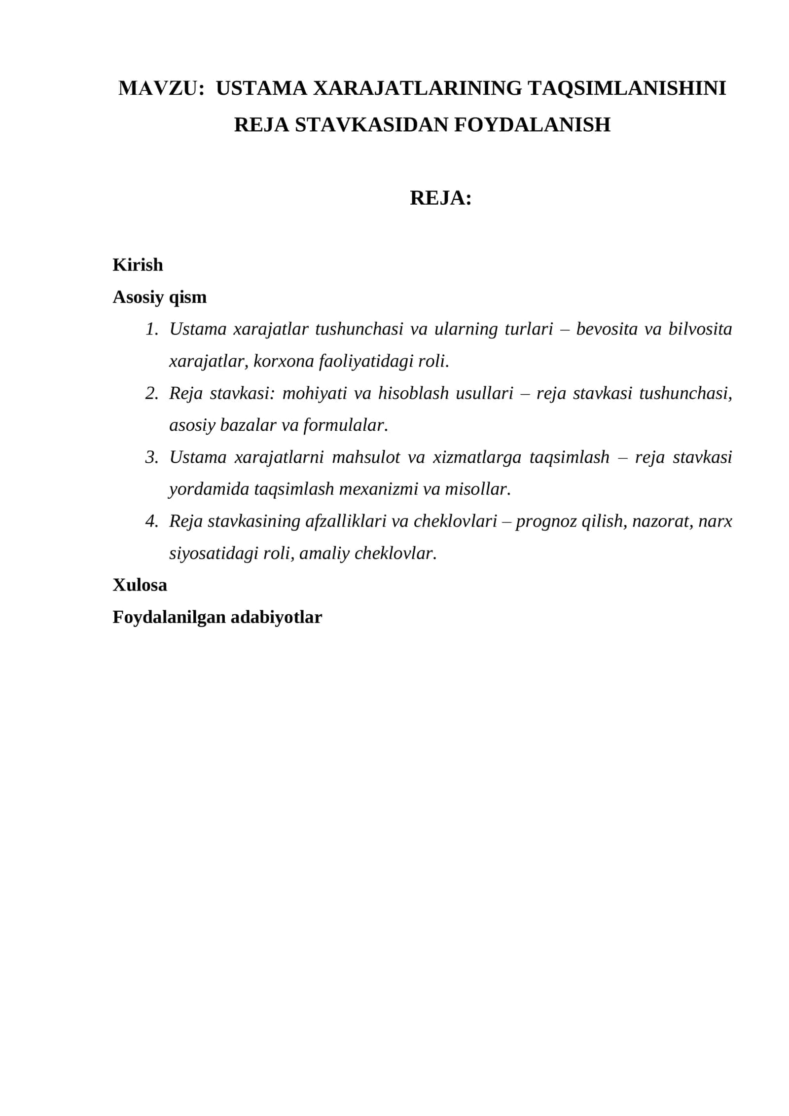 USTAMA XARAJATLARINING TAQSIMLANISHINI REJA STAVKASIDAN FOYDALANISH 1
