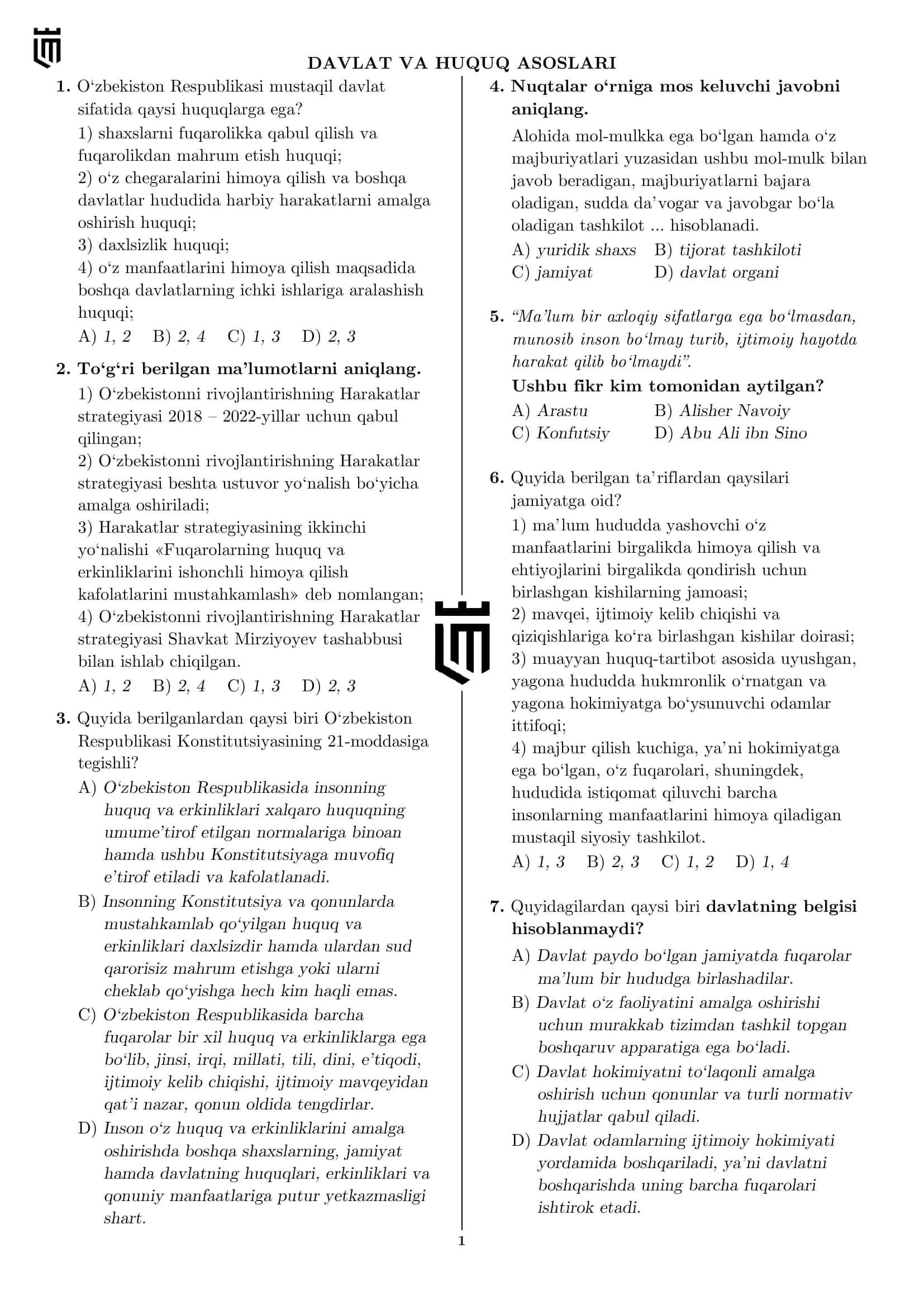 DAVLAT VA HUQUQ ASOSLARI 1