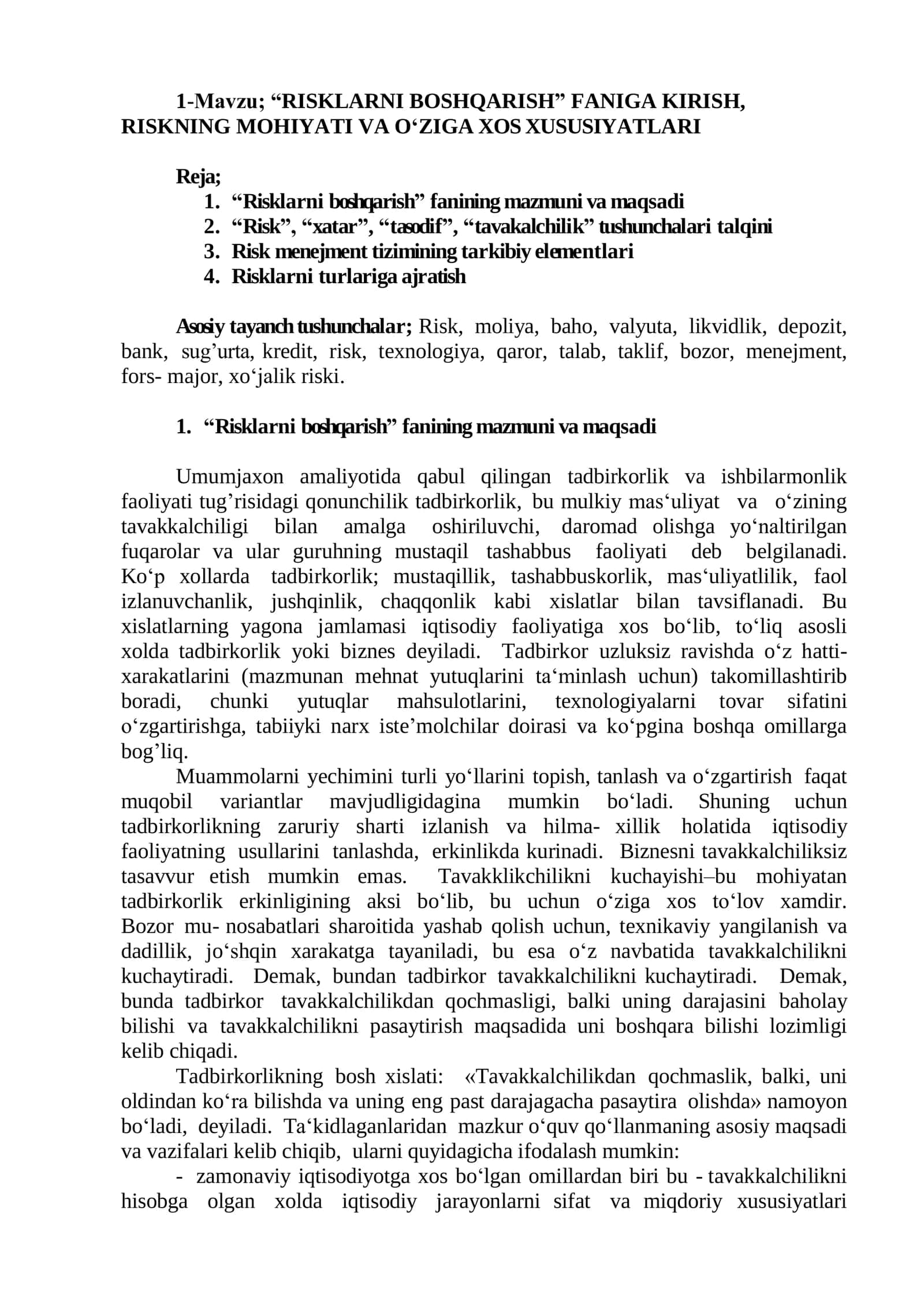 “RISKLARNI BOSHQARISH” FANIGA KIRISH,   RISKNING MOHIYATI VA OʻZIGA XOS XUSUSIYATLARI 1