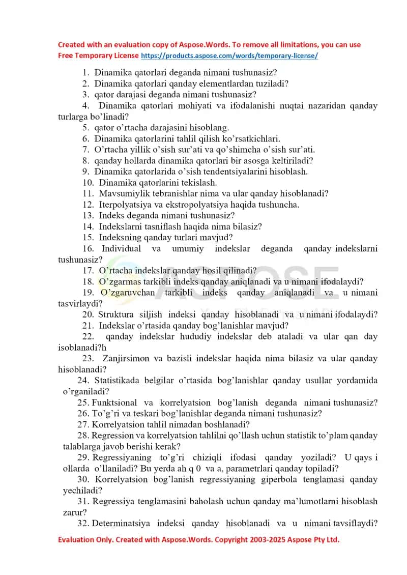 Statistika va Dinamika Qatorlari Savollari To‘plami 1