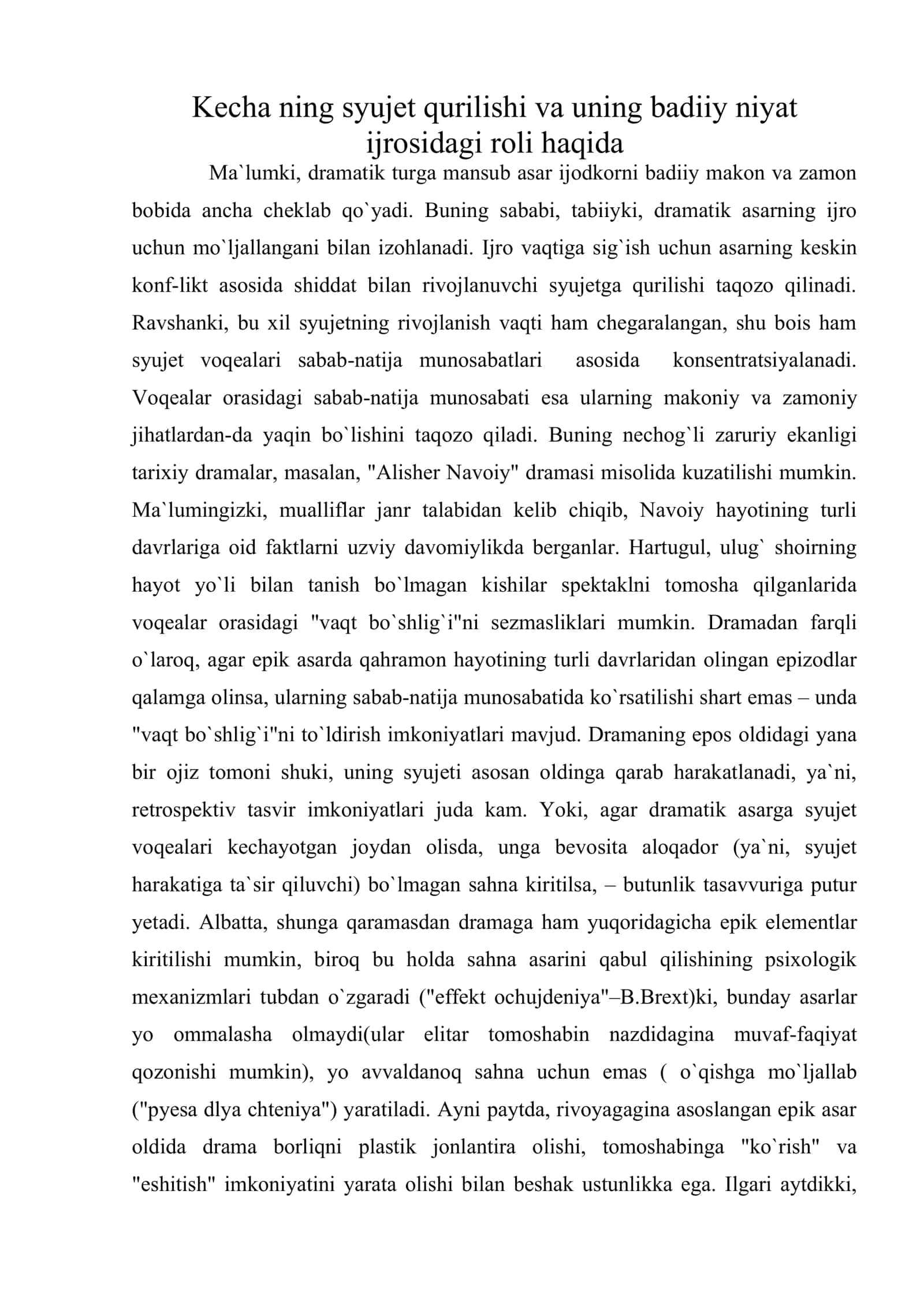 Kecha ning syujet qurilishi va uning badiiy niyat ijrosidagi roli haqida 1