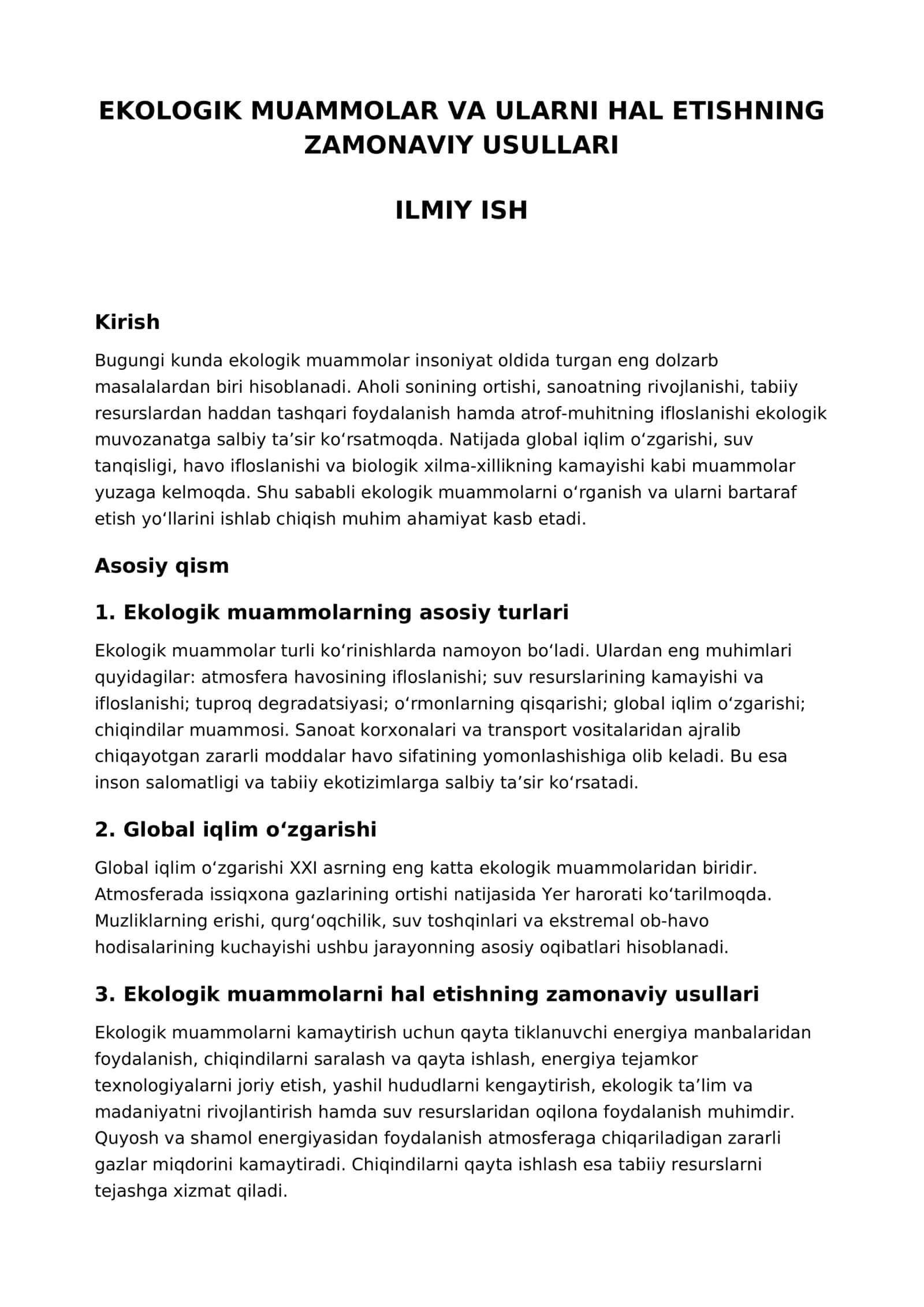 Ekologik muammolar va ularni hal etishning zamonaviy usullari – ilmiy ish 1