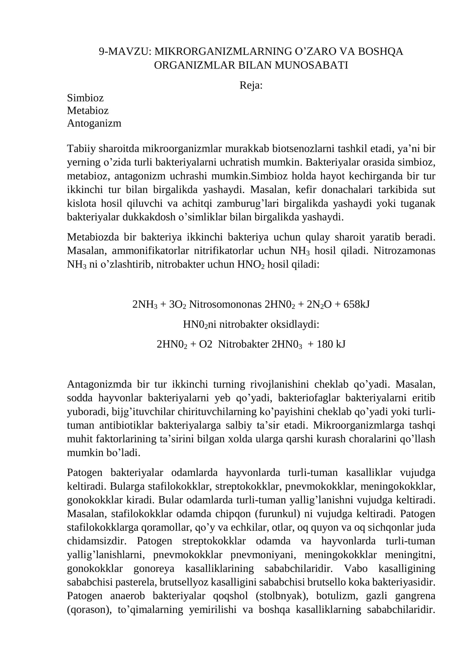MIKRORGANIZMLARNING O’ZARO VA BOSHQA ORGANIZMLAR BILAN MUNOSABATI 1