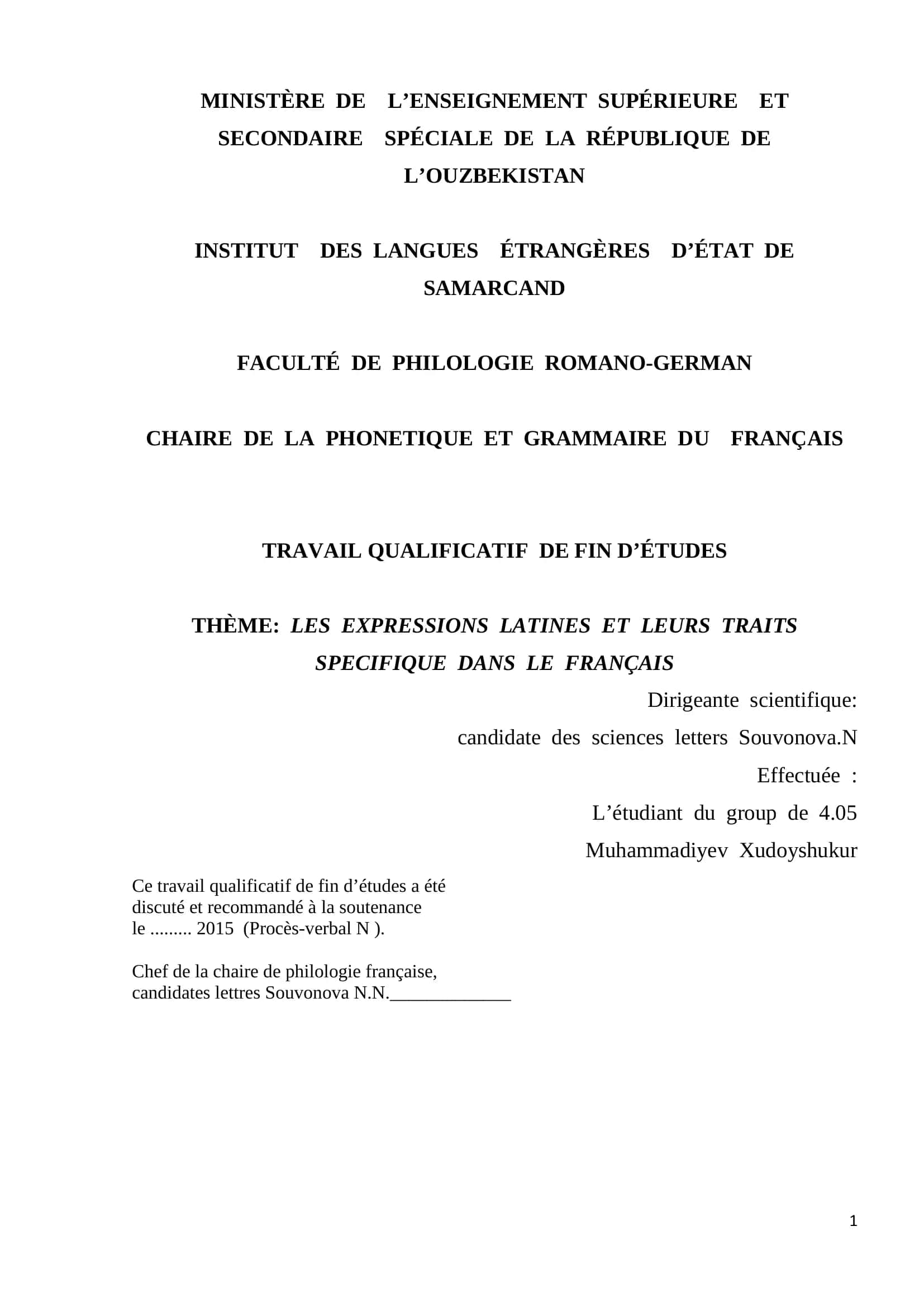 Les Expressions Latines et Leurs Traits Specifique dans le Français 1