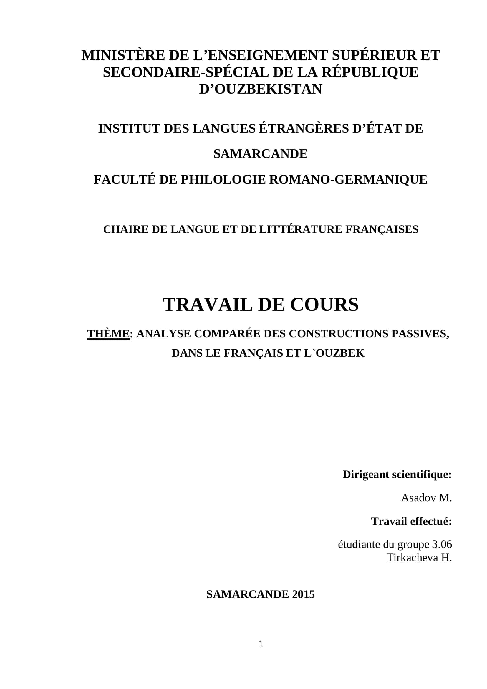 ANALYSE COMPARÉE DES CONSTRUCTIONS PASSIVES, DANS LE FRANÇAIS ET L`OUZBEK 1