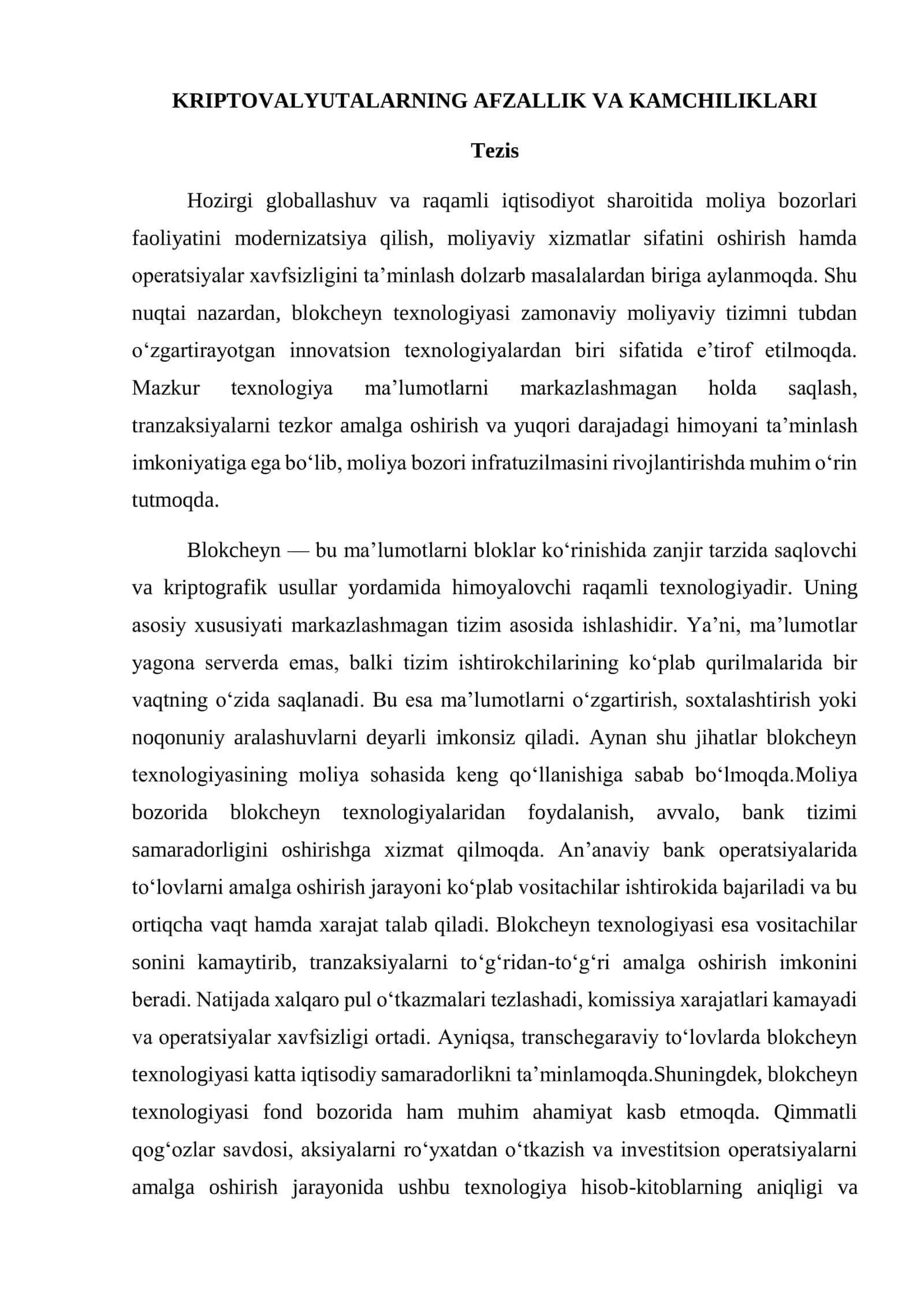 KRIPTOVALYUTALARNING AFZALLIK VA KAMCHILIKLARI 1