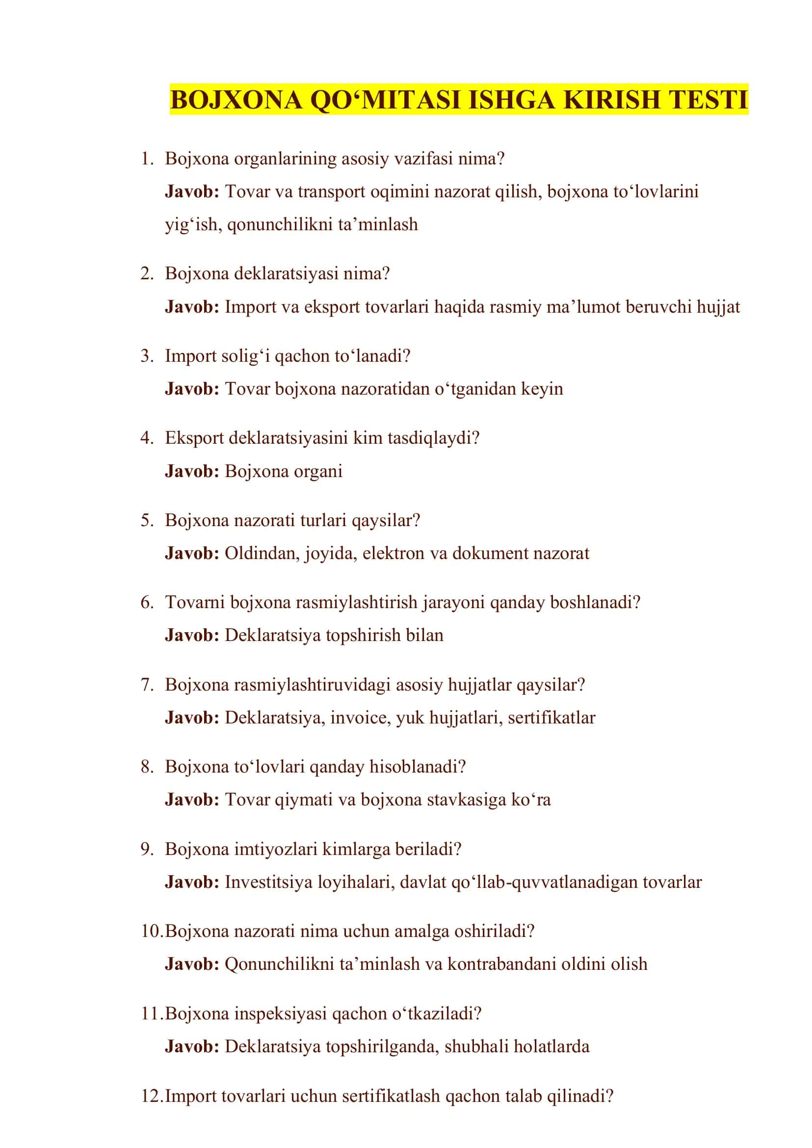 Bojxona Qo‘mitasi Ishga Kirish Testi 1
