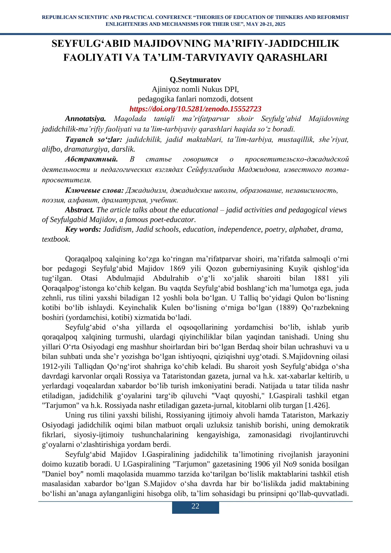 Seyfulg‘abid Majidovning Ma’rifiy-jadidchilik Faoliyati va Ta’lim-Tarviyaviy Qarashlari 1