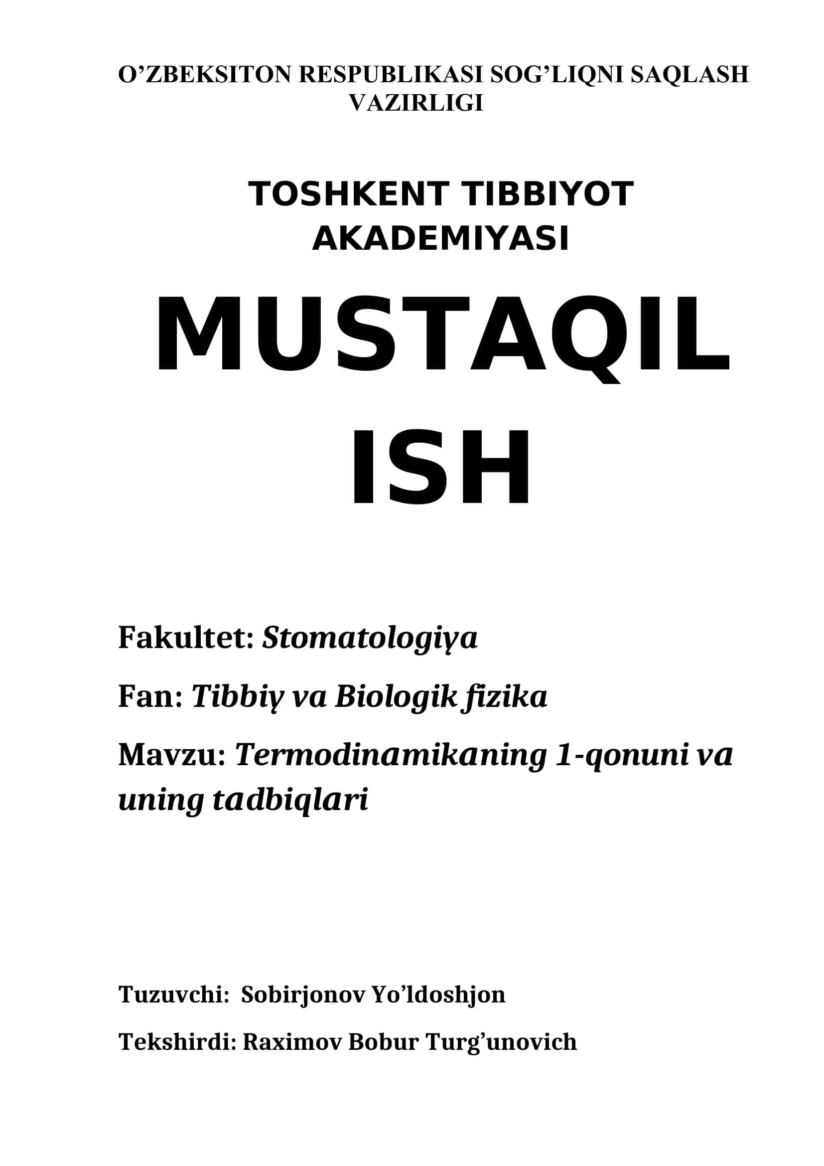 Termodinamikaning 1-qonuni va uning tadbiqlari 1