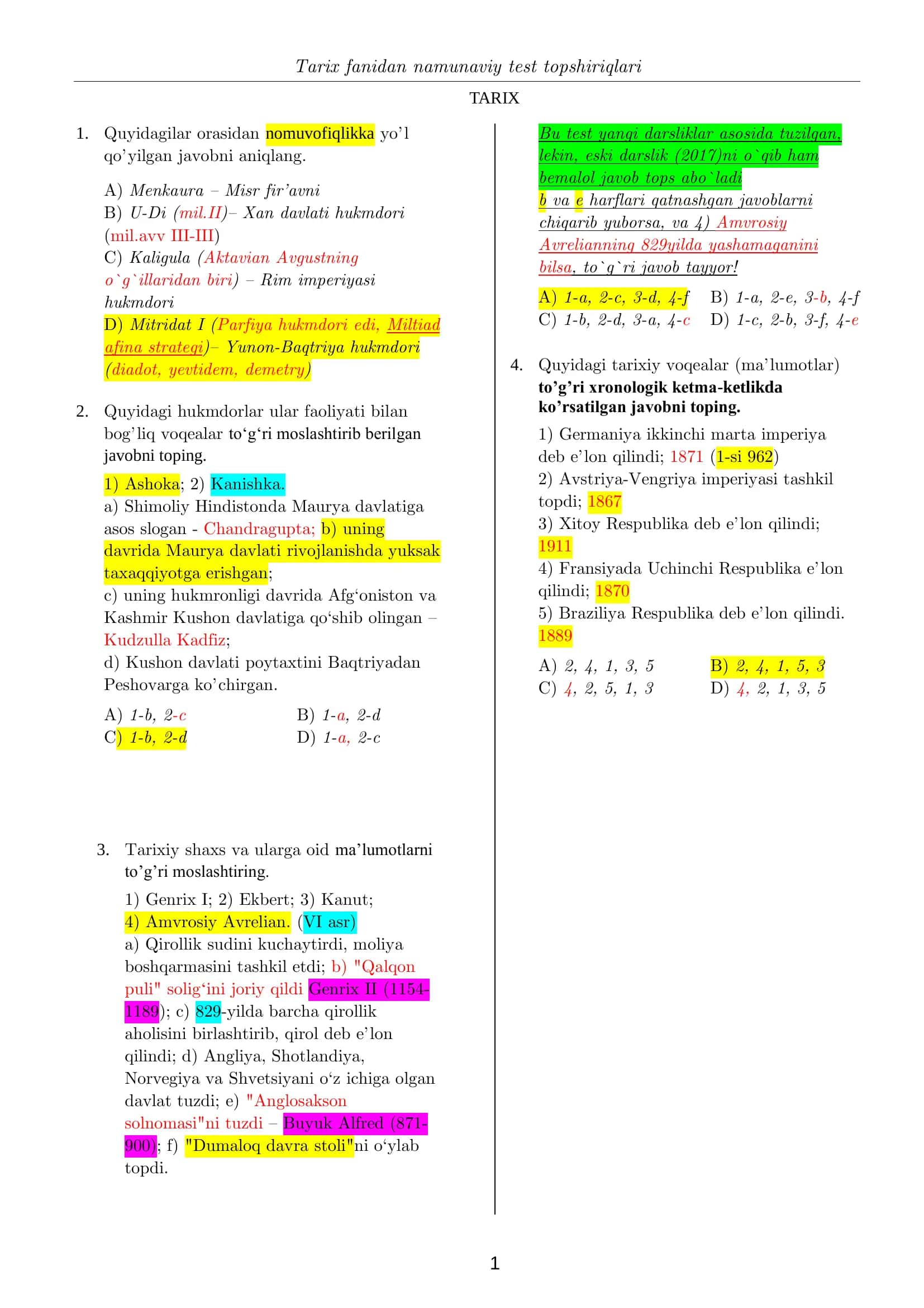 Tarix fanidan namunaviy test topshiriqlari 1