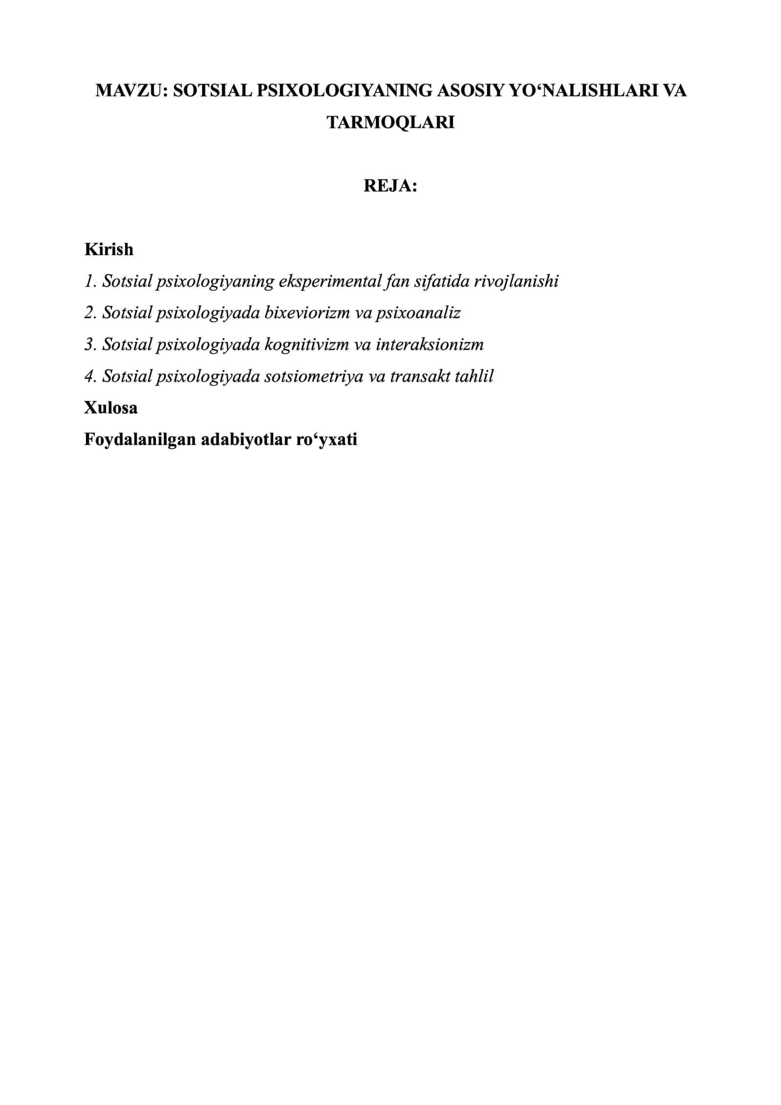 SOTSIAL PSIXOLOGIYANING ASOSIY YO'NALISHLARI VA TARМOQLARI 1