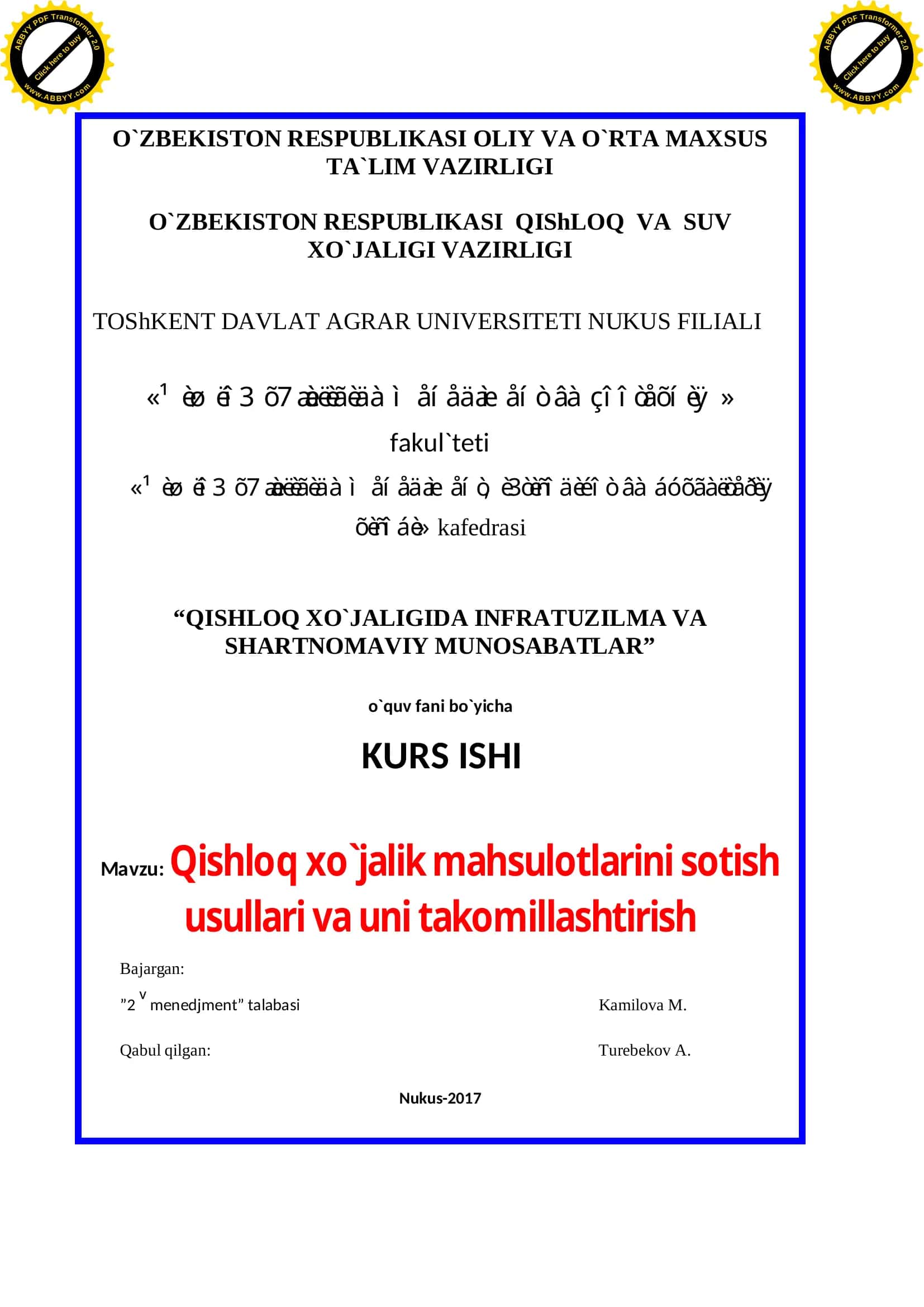 Qishloq xo`jalik mahsulotlarini sotish usullari va uni takomillashtirish 1