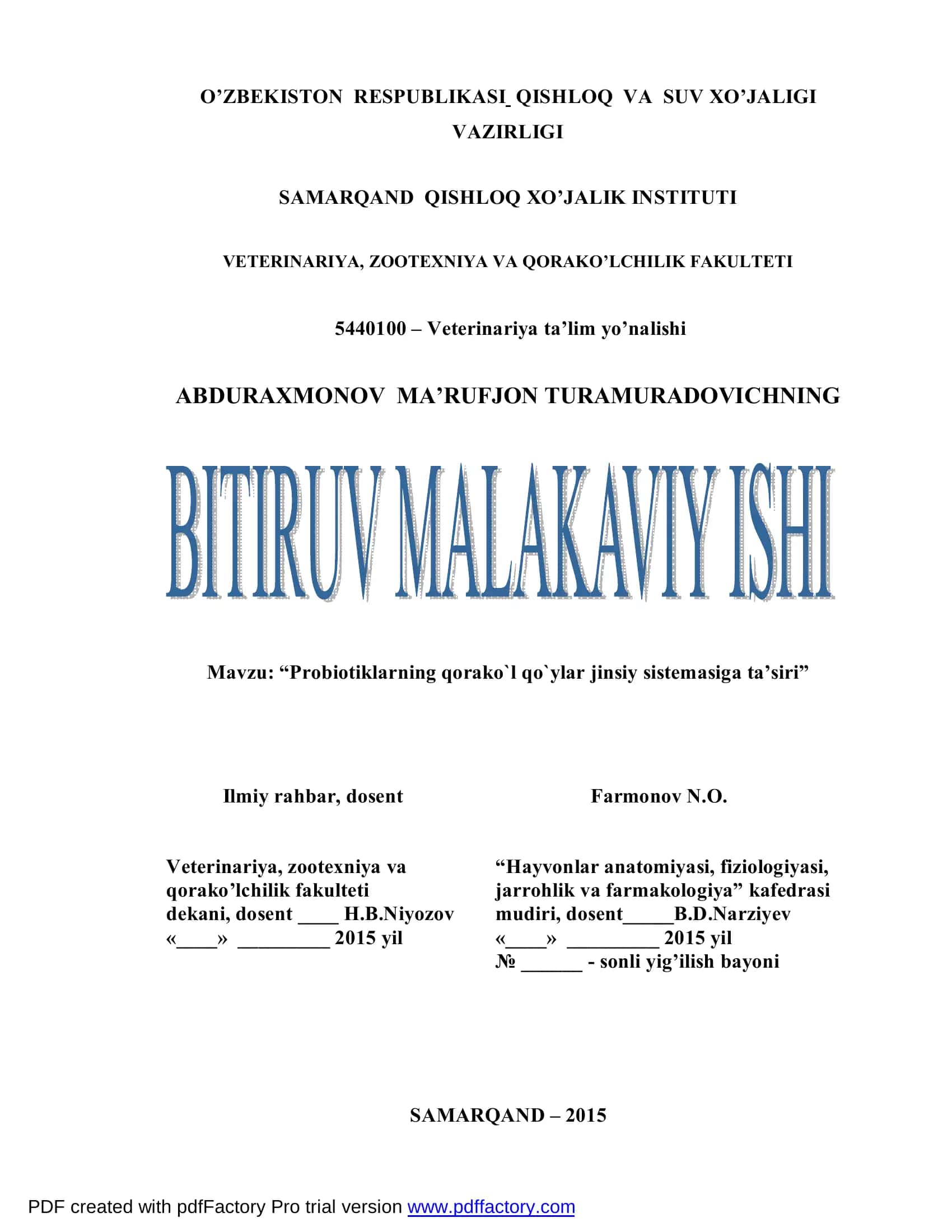 Probiotiklarning qorako`l qo`ylar jinsiy sistemasiga ta’siri 1