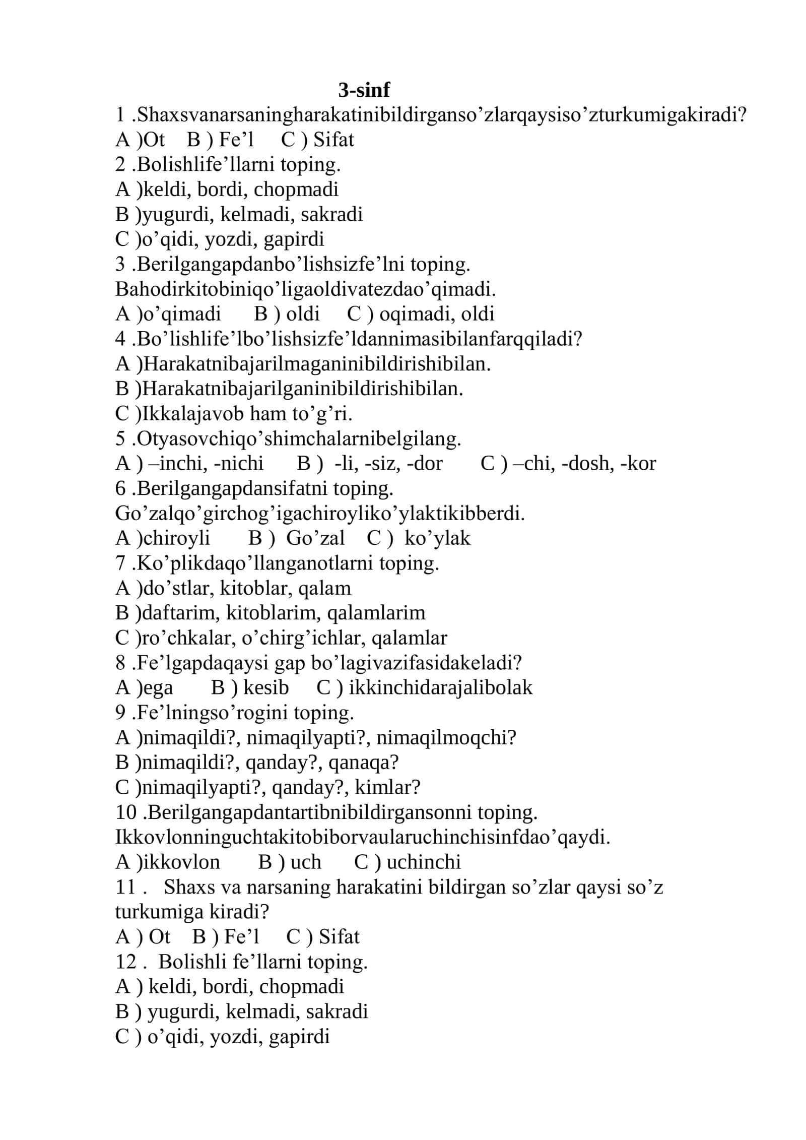 ona-tili 3-sinflar uchun testlar 1