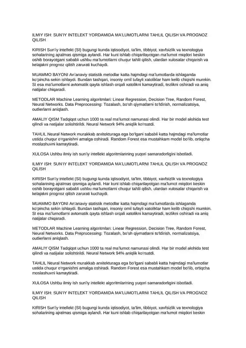 ilmiy ish: sun'iy intelekt yordamida ma'lumotlarni tahlil qilish va prognoz qilish