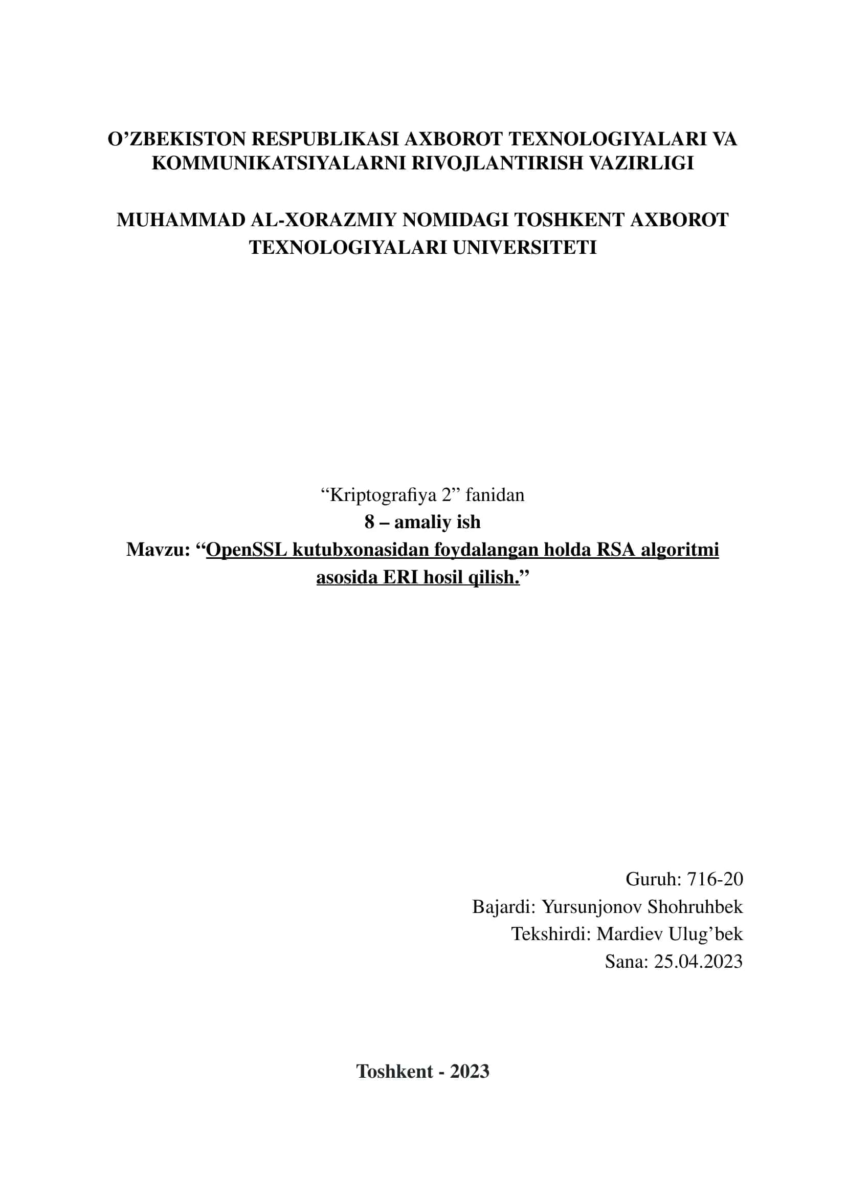RSA algoritm asosida ERI hosil qilish 1
