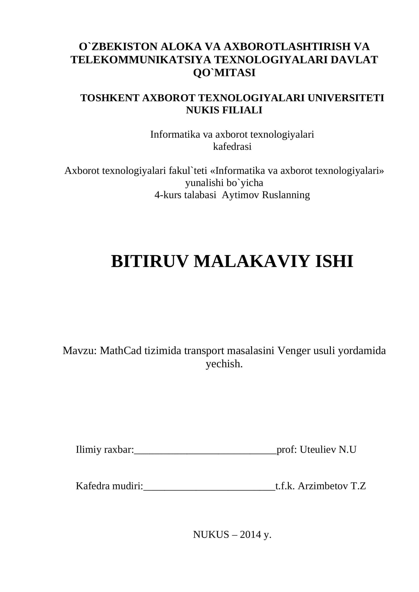 MathCad tizimida transport masalasini Venger usuli yordamida yechish 1