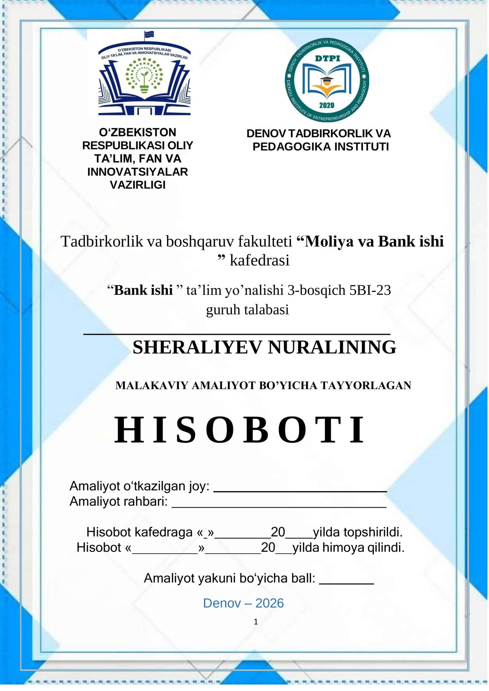 “O'zmilliybank AJ” haqida umumiy malumot va uning tashkil etilishi DENOV FILIALI 1
