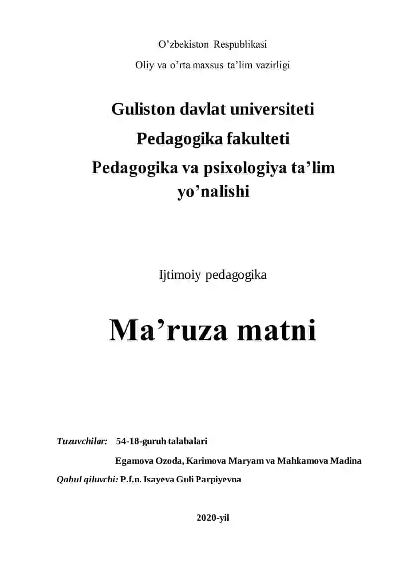 Maktabgacha ta’lim muassasalarida ijtimoiy pedagogik texnologiyalarni qo’llash