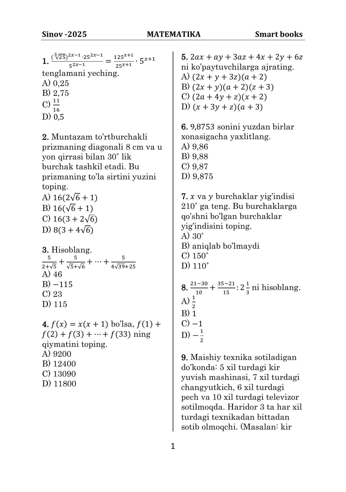 Sinov -2025 MATEMATIKA 1