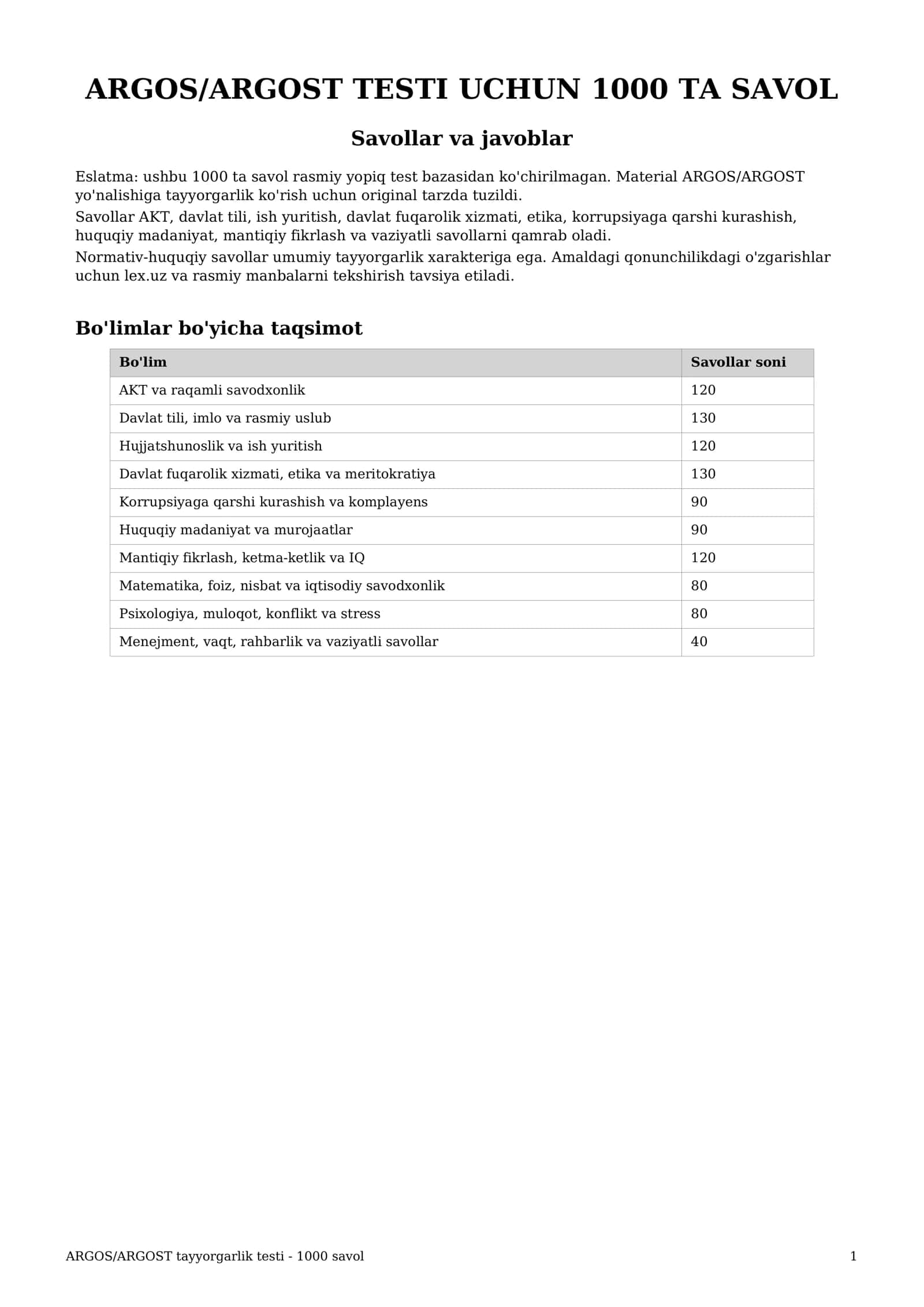 ARGOS/ARGOST tayyorgarlik testi - 1000 savollarga javobi bilan. Argost testi 1