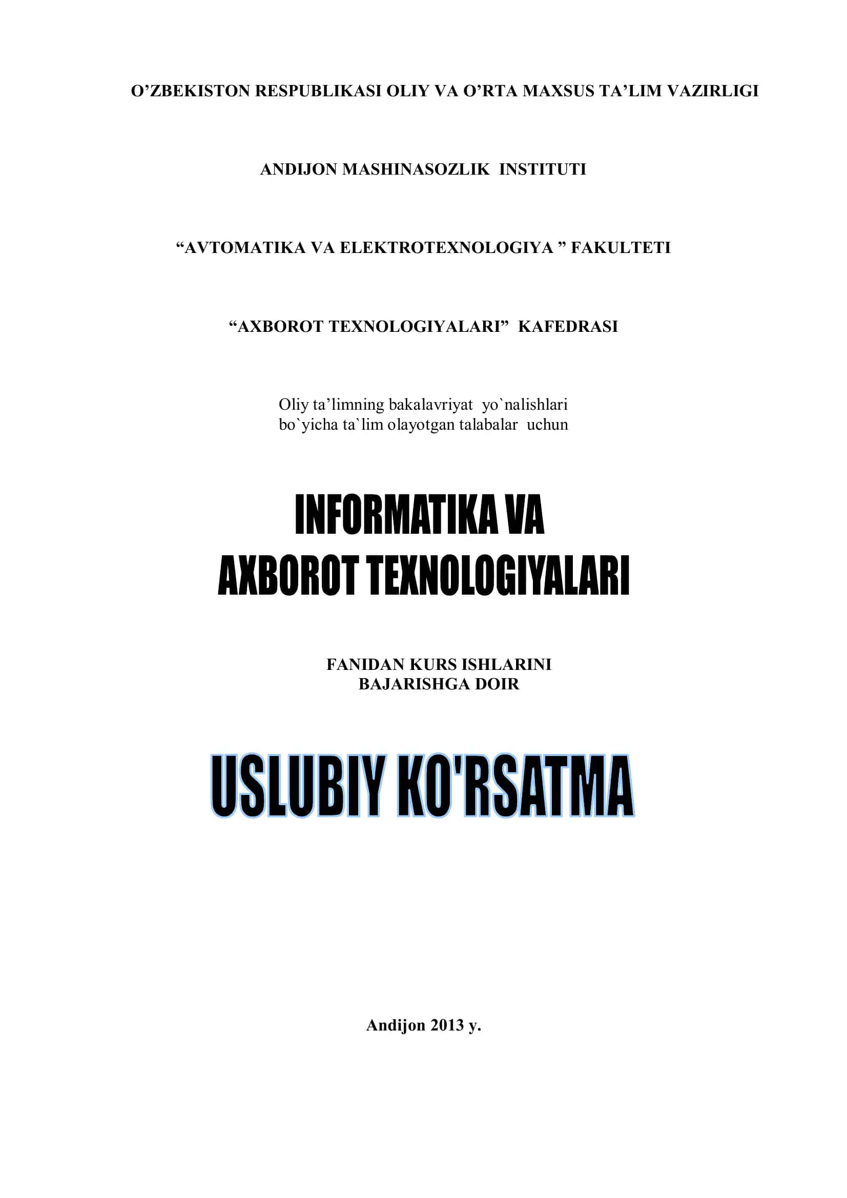Kurs ishlari "Informatika va Axborot Texnologiyalari" 1