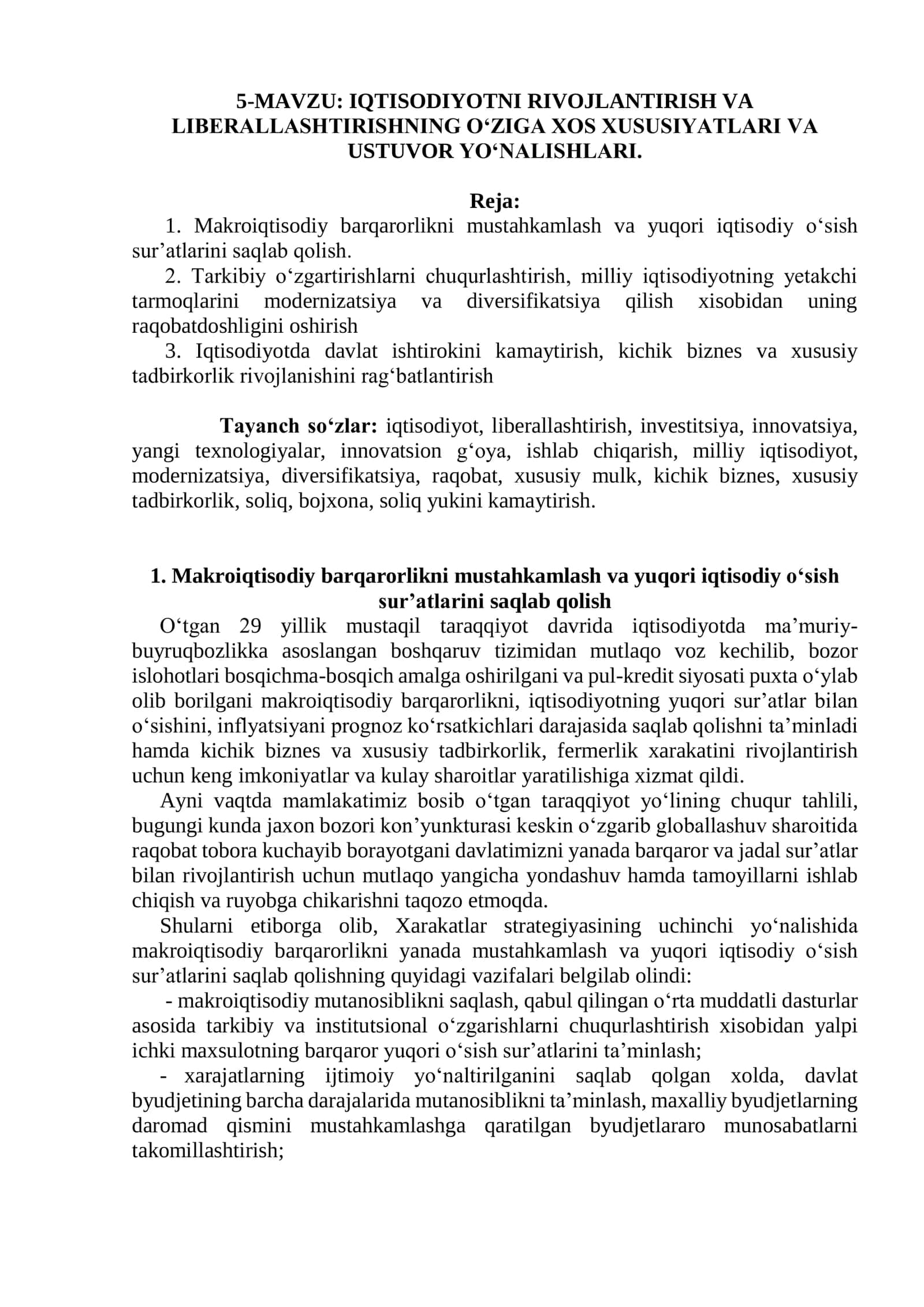 IQTISODIYOTNI RIVOJLANTIRISH VA LIBERALLASHTIRISHNING O‘ZIGA XOS XUSUSIYATLARI VA USTUVOR YO‘NALISHLARI 1