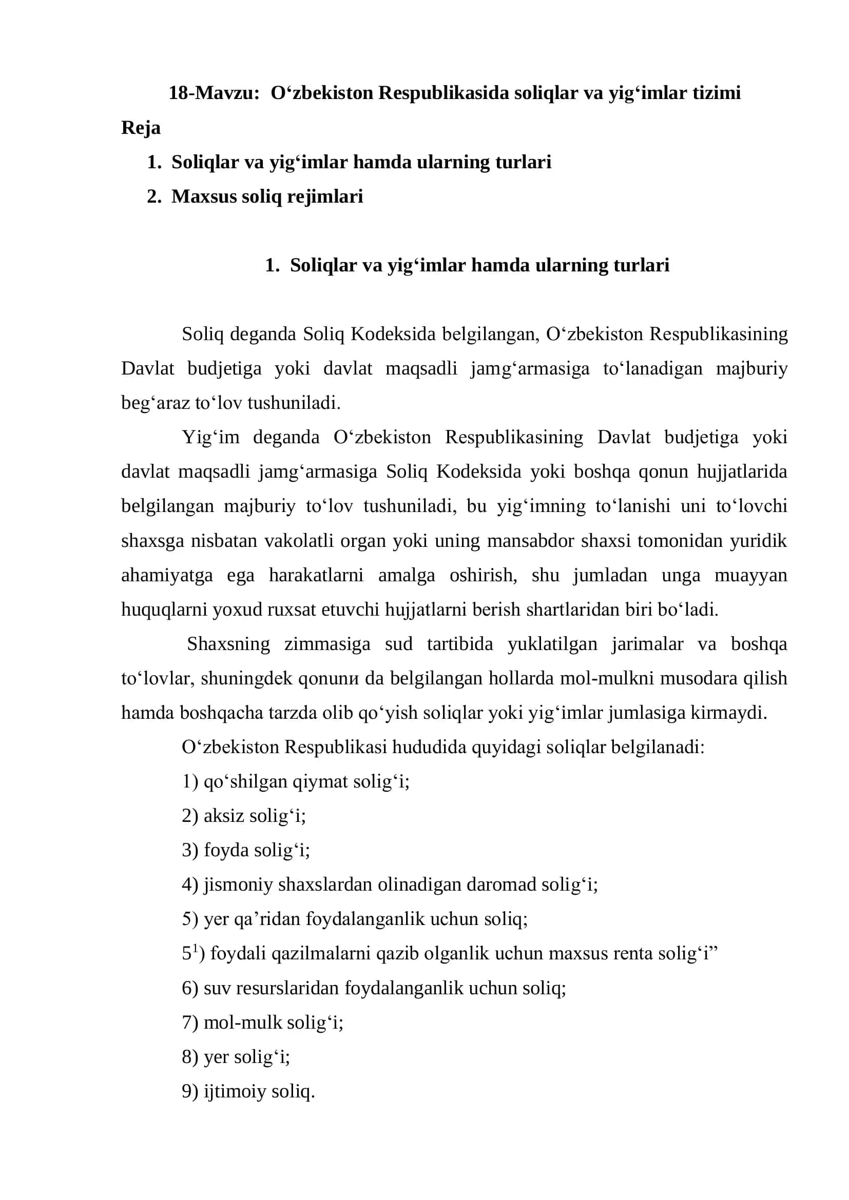 O‘zbekiston Respublikasida soliqlar va yig‘imlar tizimi 1