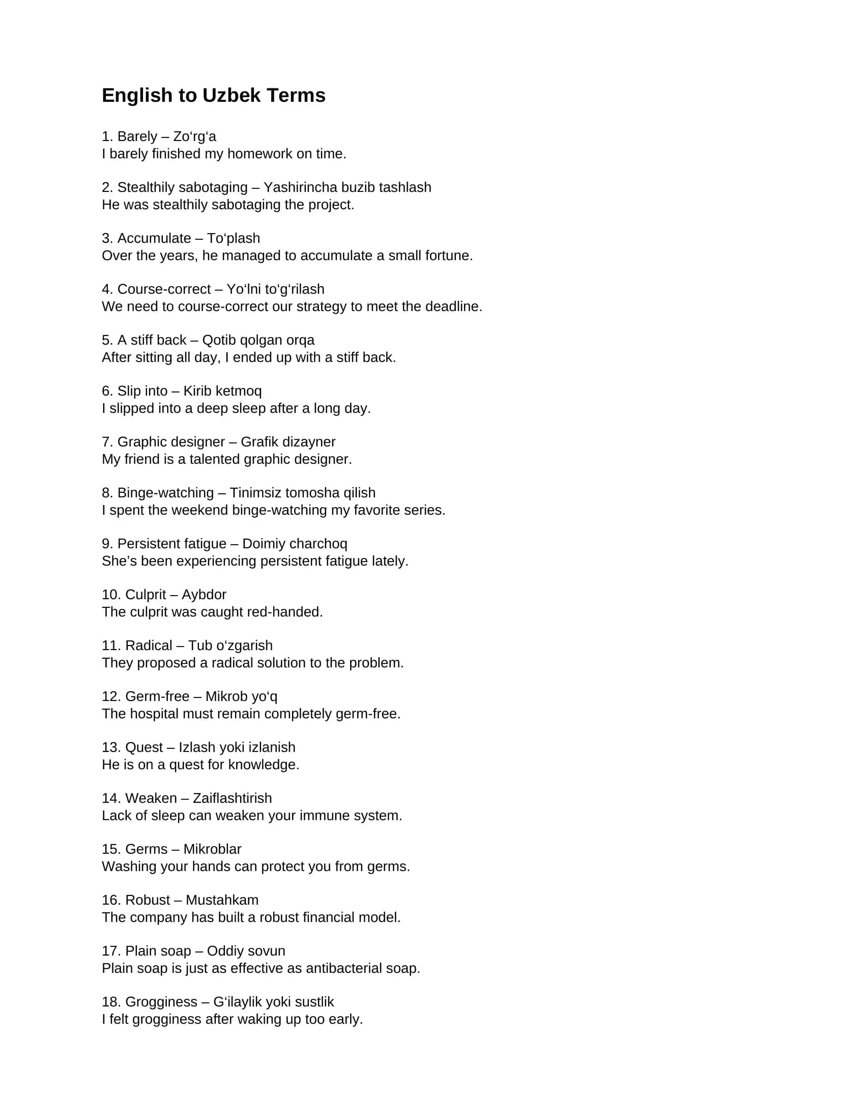 English to Uzbek Terms 1