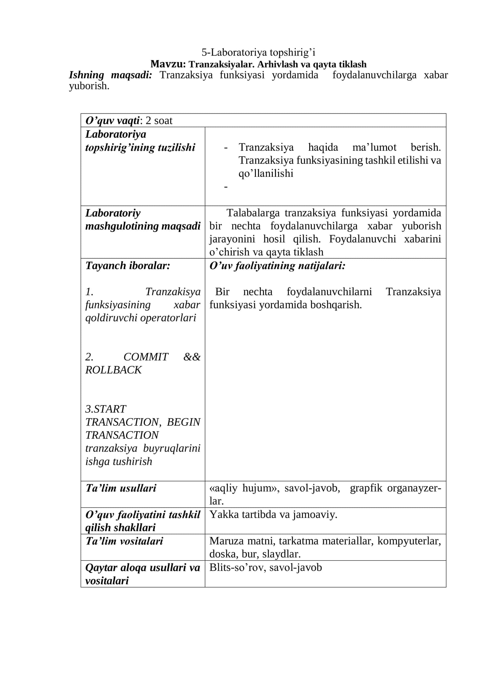 Tranzaksiya. Arxivlash va qayta tiklash 1