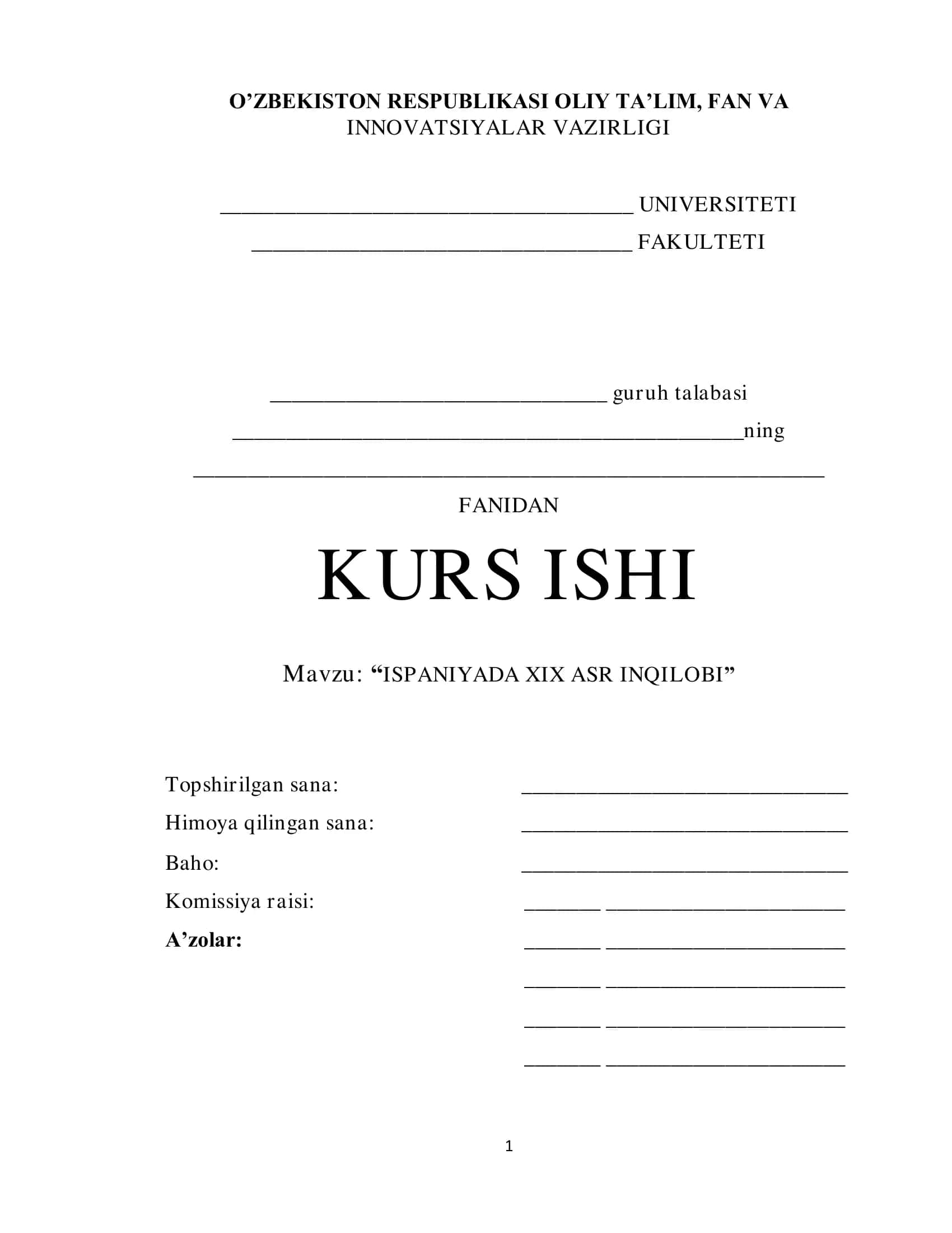 KURS ISHI "ISPANIYADA XIX ASR INQILOBI" 1