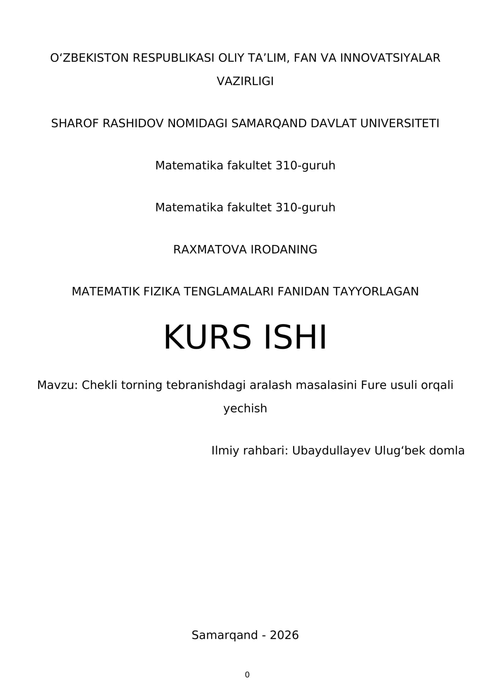 MATEMATIK FIZIKA TENGLAMALARI FANIDAN TAYYORLAGAN KURS ISHI 1