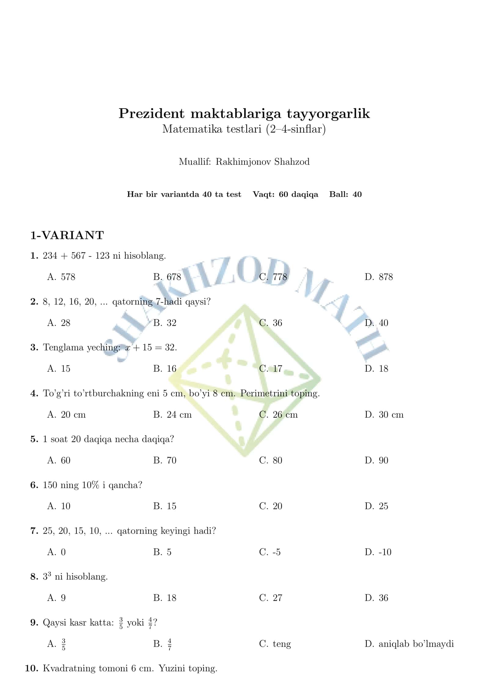 Matematika testlari (2–4-sinflar) 1