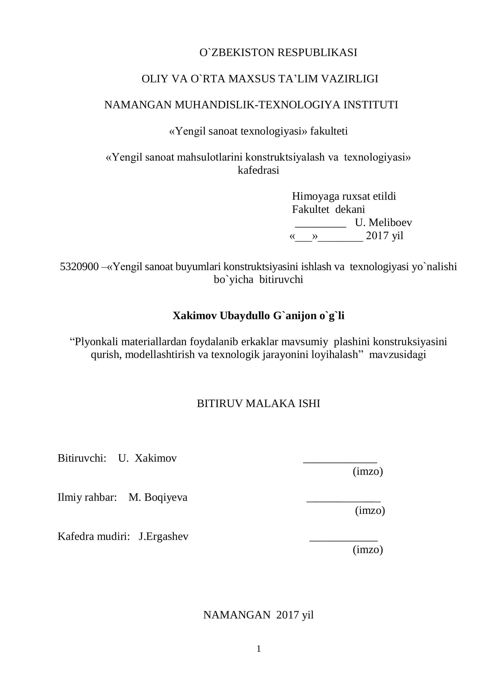 Yengil sanoat buyumlari konstruktsiyasini ishlash va texnologiyasi 1
