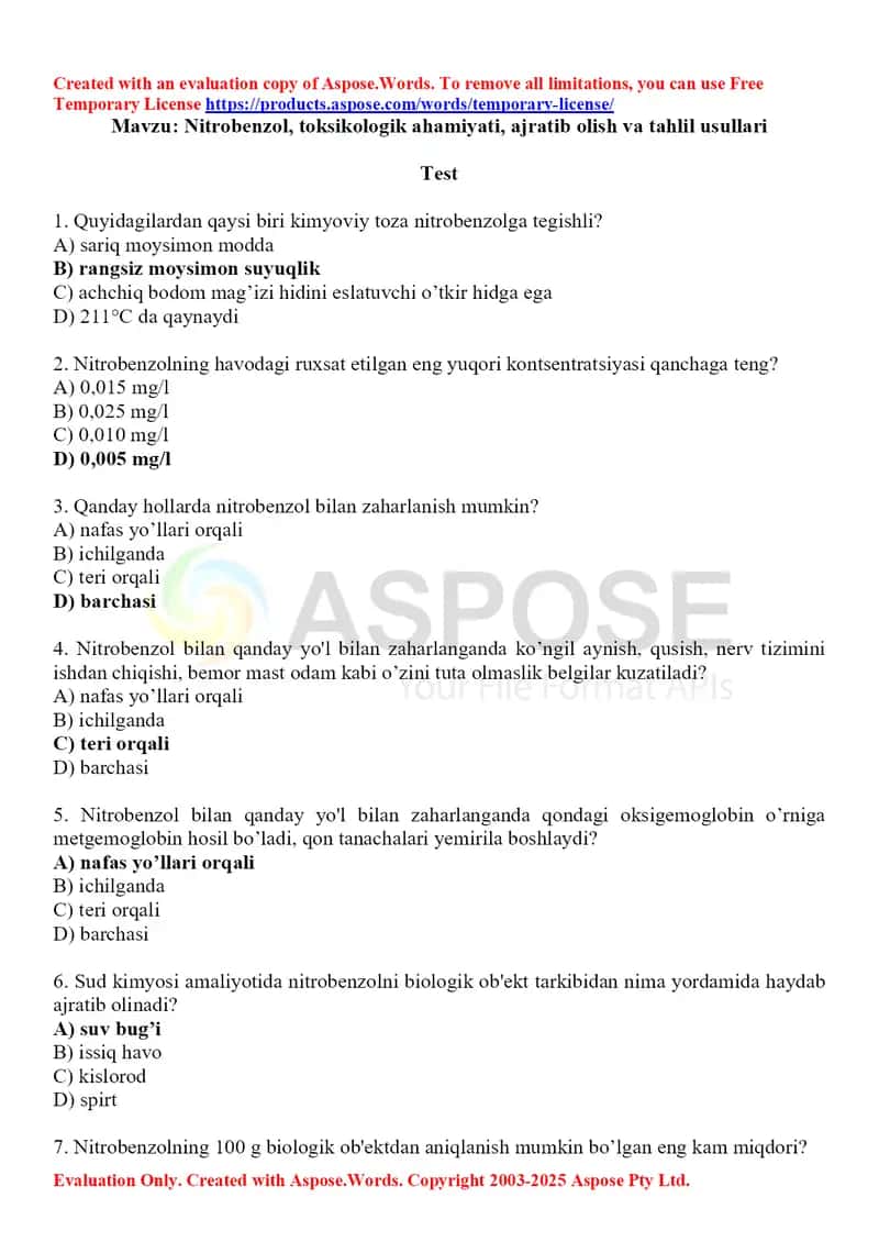 6. Nitrobenzol, toksikologik ahamiyati, ajratib olish va tahlil usullari. Test, 10 ta. 1