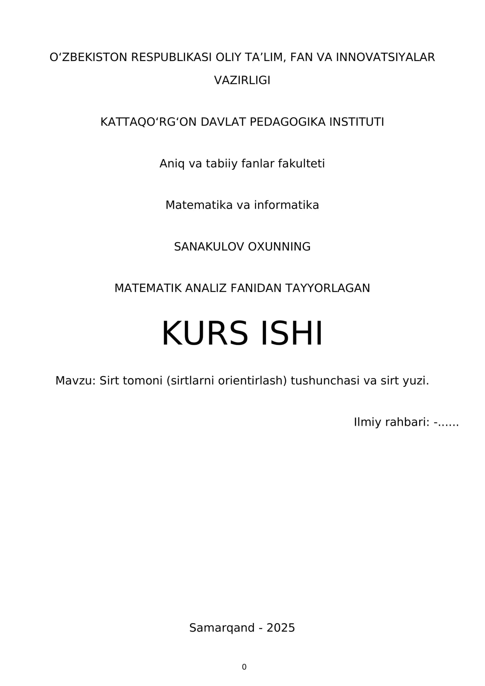Sirt tomoni (sirtlarni orientirlash) tushunchasi va sirt yuzi KURS ISHI 1