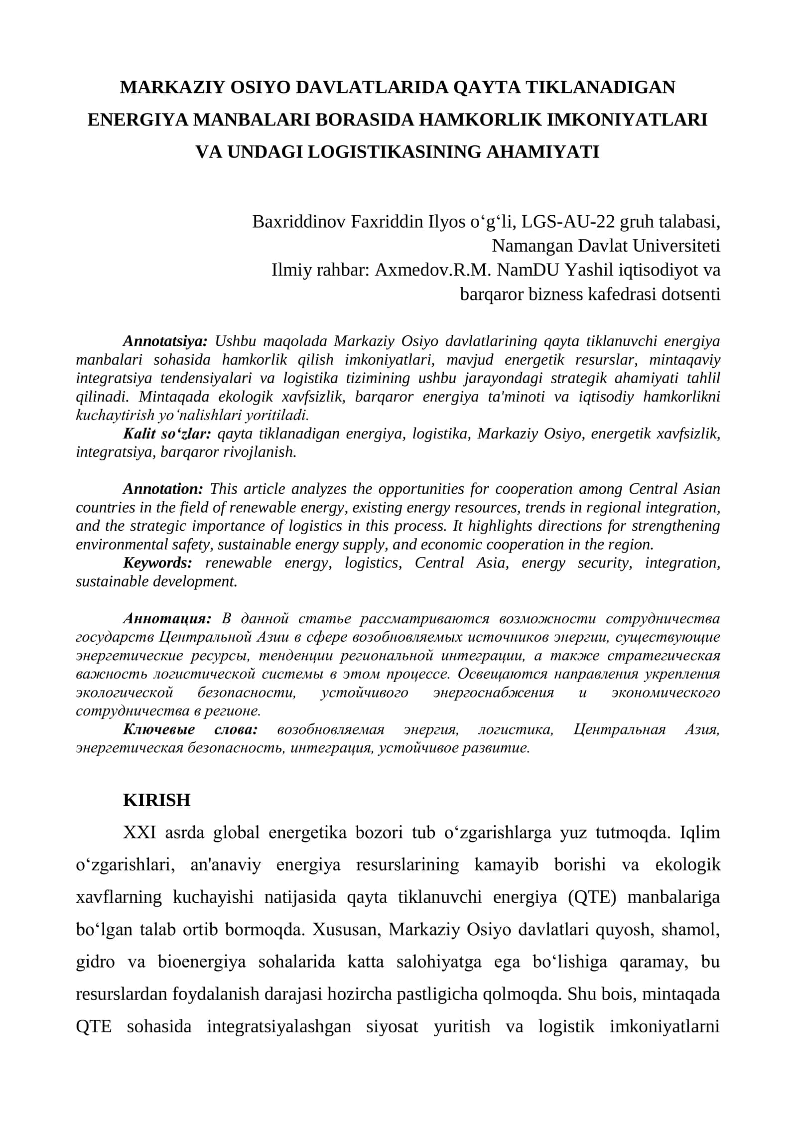 MARKAZIY OSIYO DAVLATLARIDA QAYTA TIKLANADIGAN ENERGIYA MANBALARI BORASIDA HAMKORLIK IMKONIYATLARI VA UNDAGI LOGISTIKASINING AHAMIYATI 1