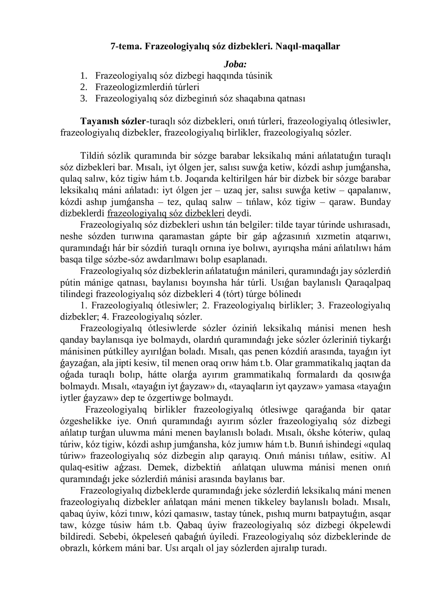 Frazeologiyalıq sóz dizbekleri 1