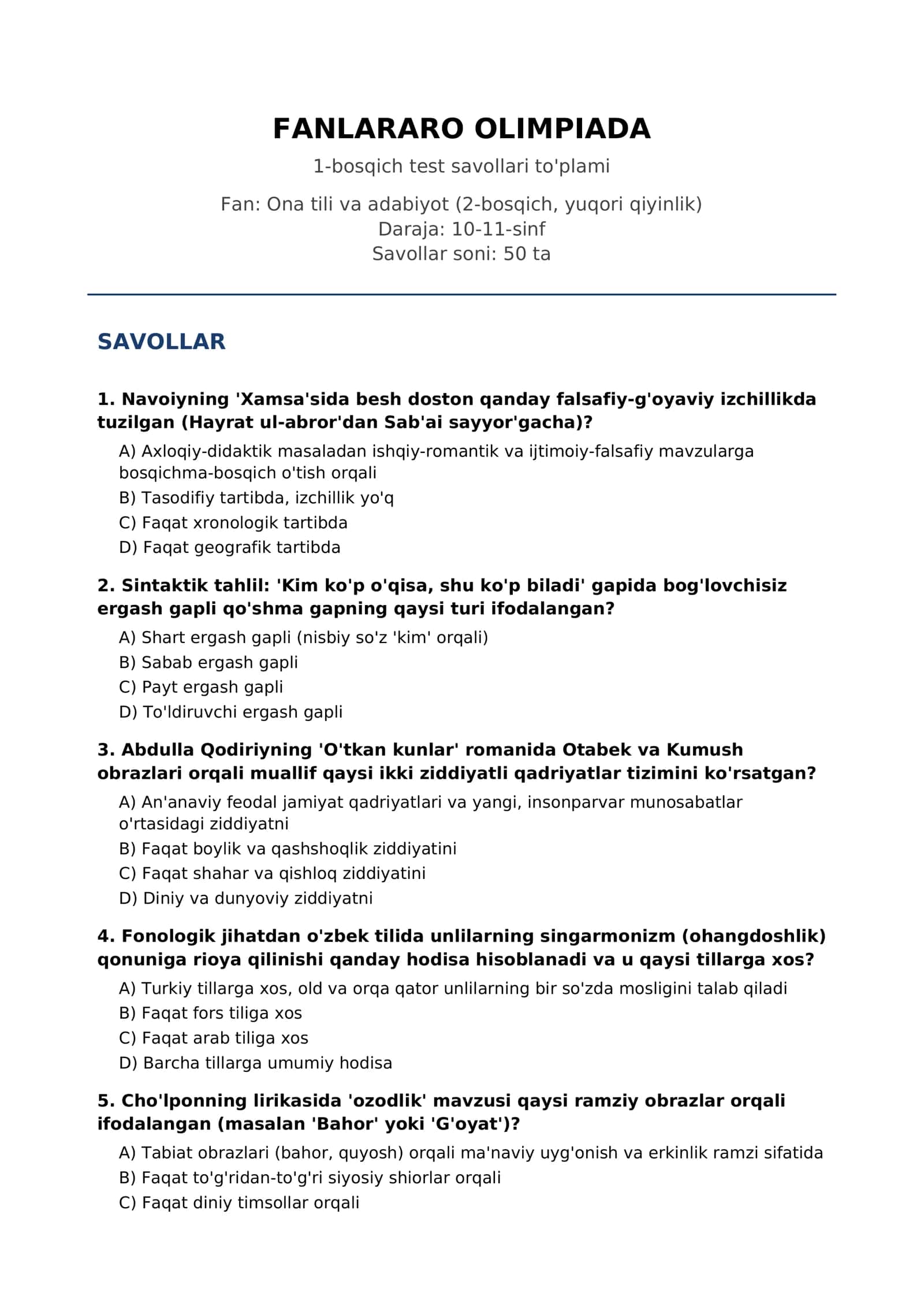 FANLARARO OLIMPIADA 2-bosqich test savollari to'plami 1