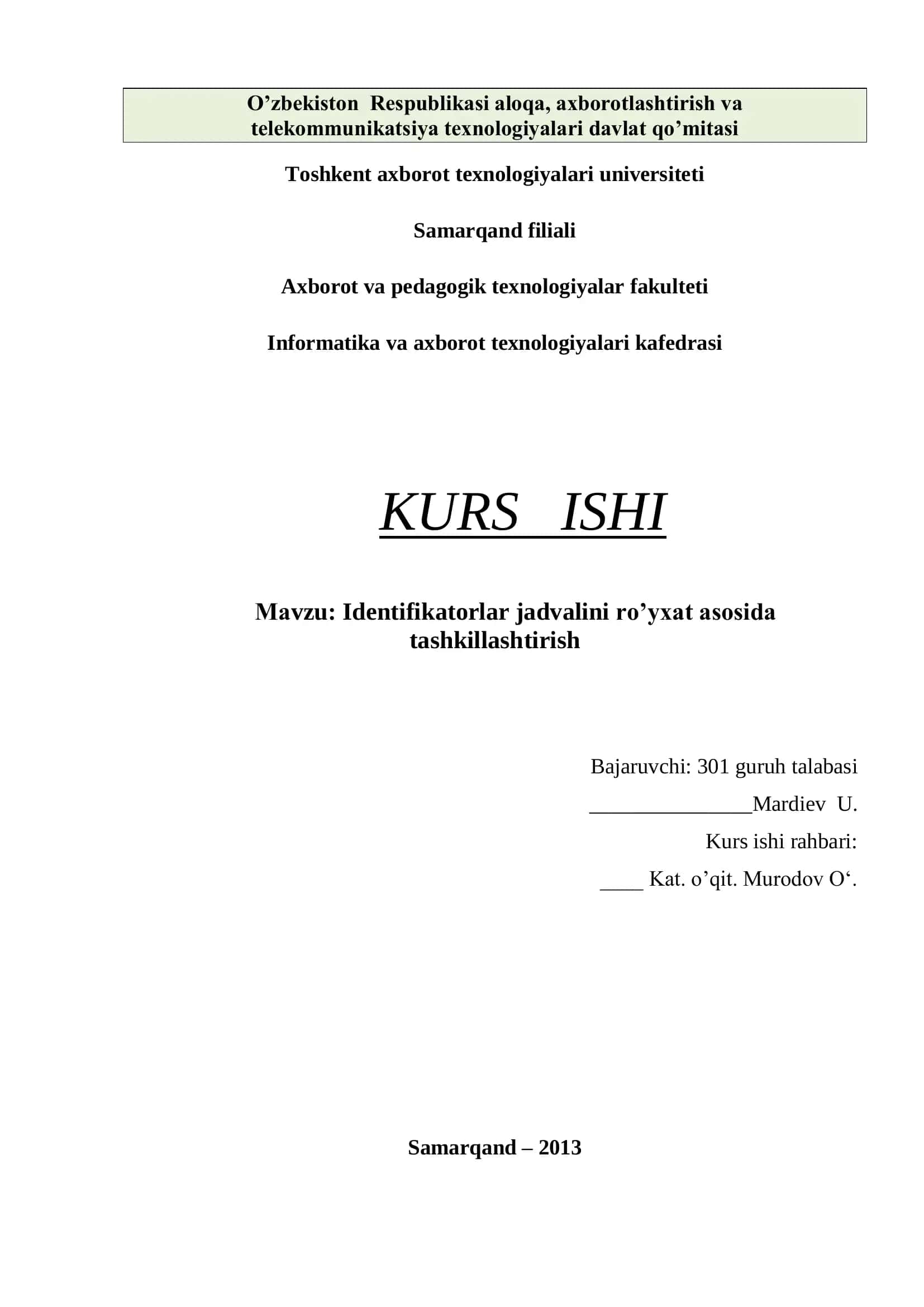 Identifikatorlar jadvalini ro’yxat asosida tashkillashtirish 1