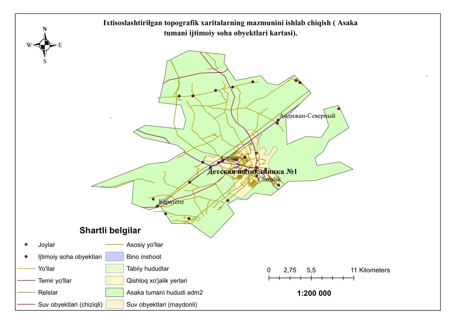 Ixtisoslashtirilgan topografik xaritalarning mazmunini ishlab chiqish ( Asaka tumani ijtimoiy soha obyektlari kartasi). 1