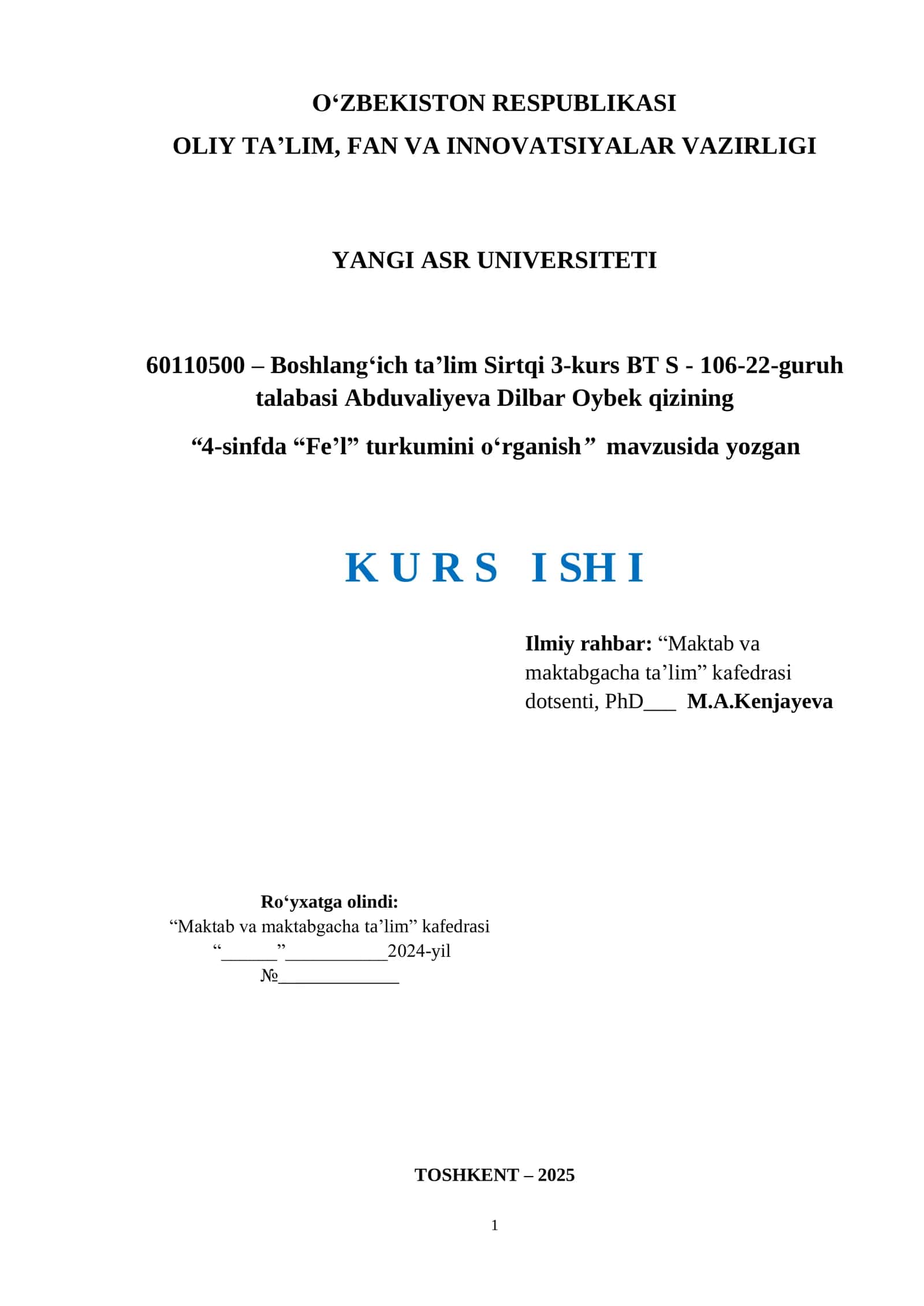 “4-sinfda “Fe’l” turkumini o‘rganish” 1