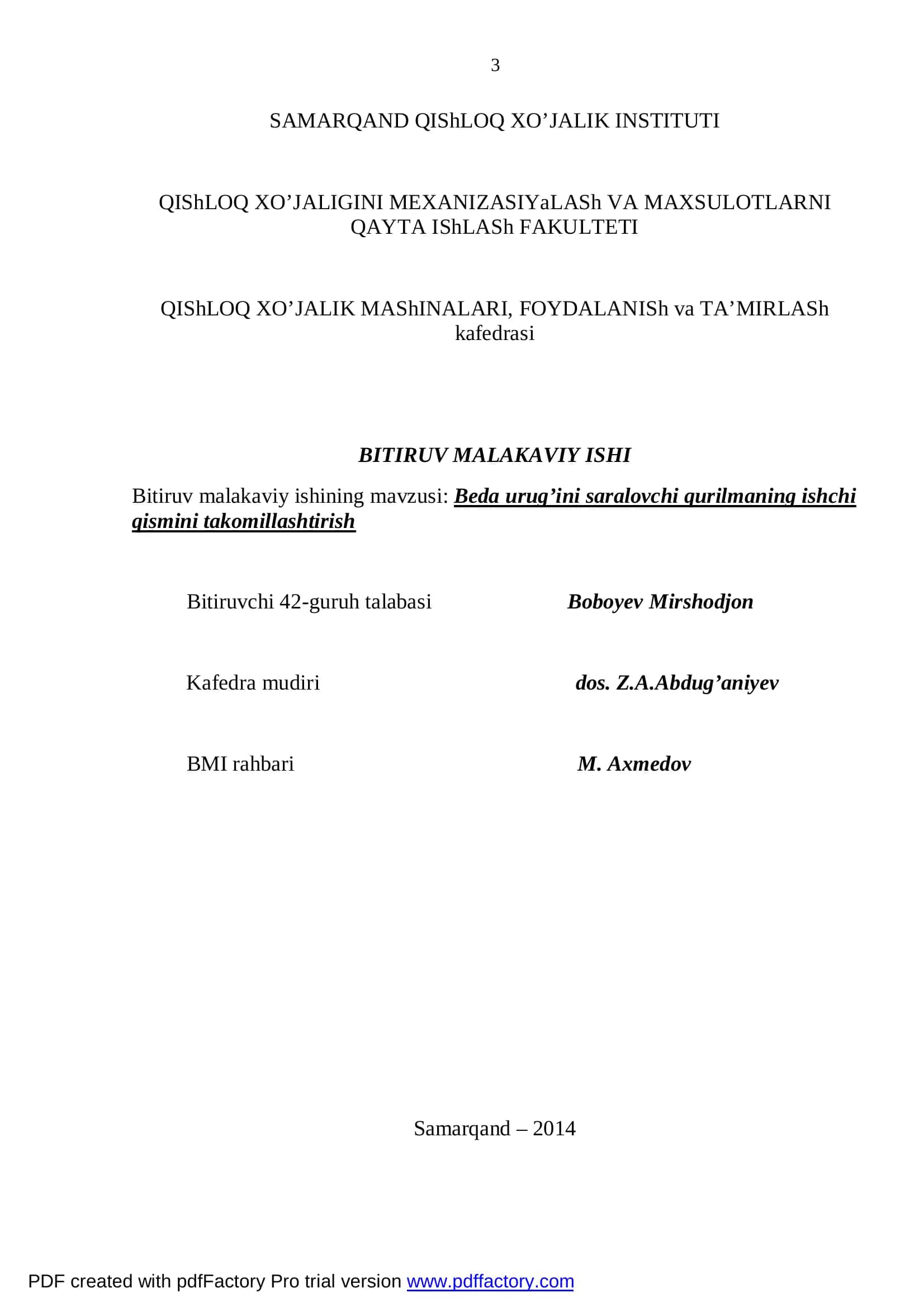 Qishloq xo’jalik mashtalari, foydalanish va ta’mirlash kafedrasi 1