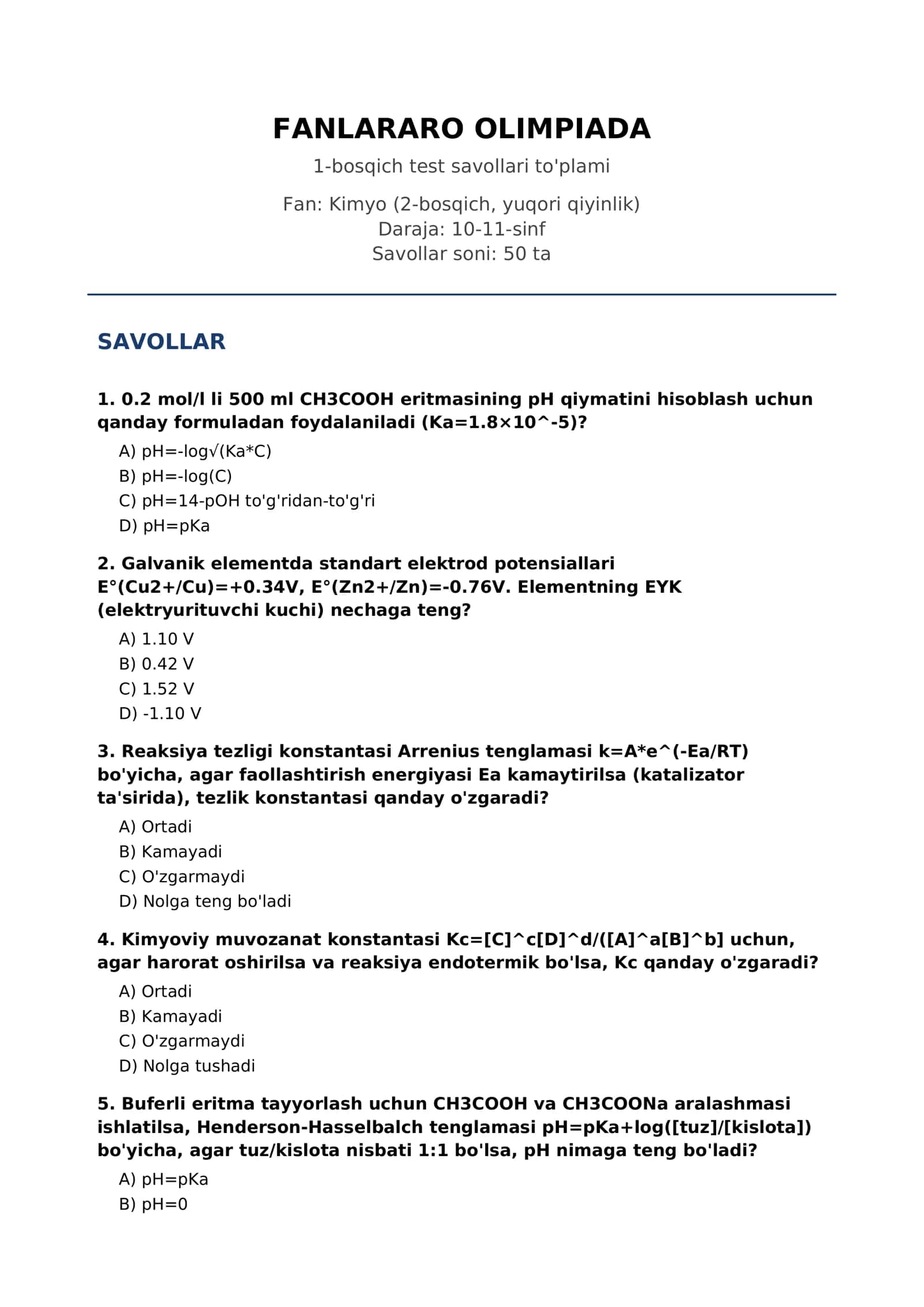 FANLARARO OLIMPIADA 2-bosqich test savollari to'plami 1