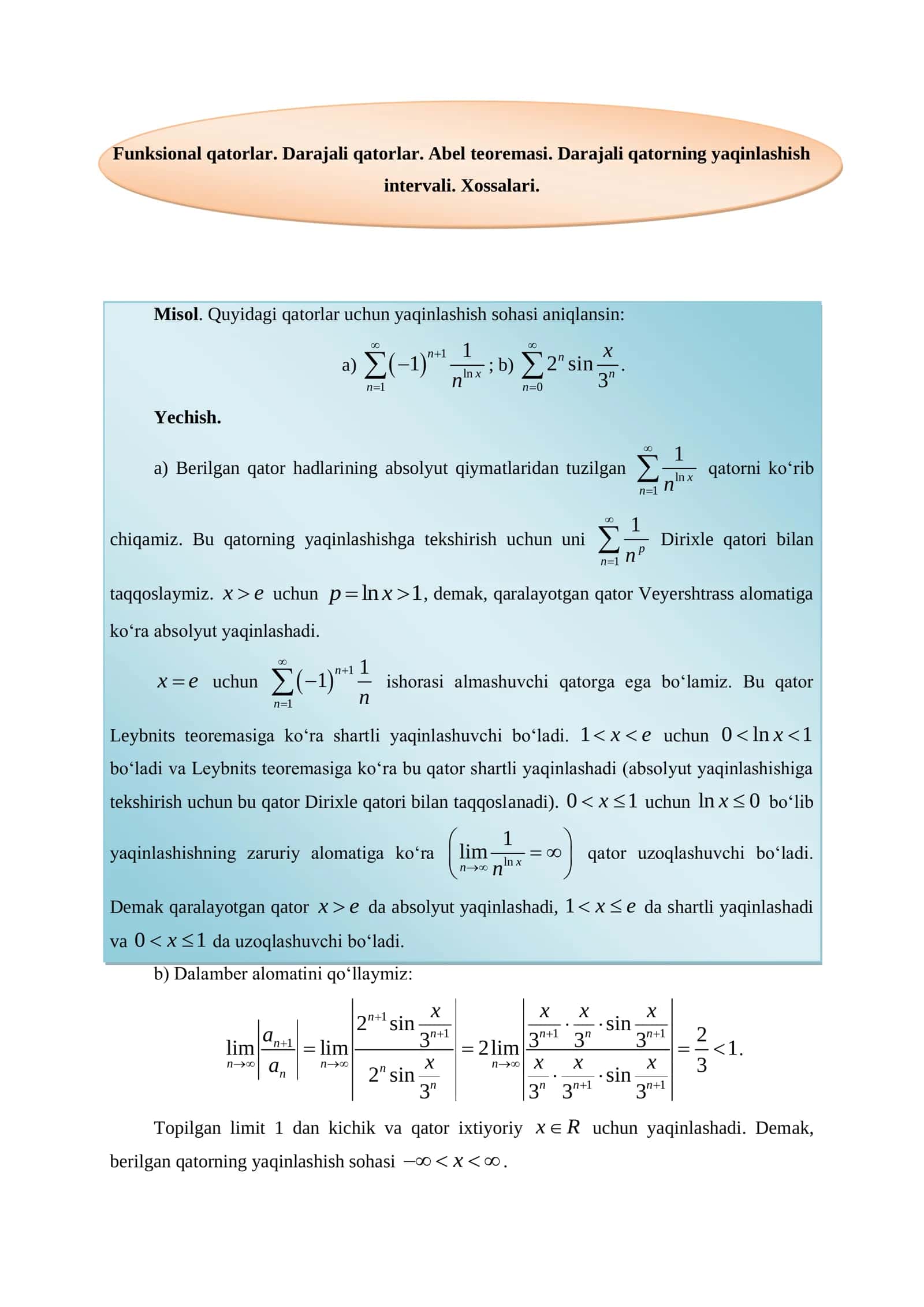 Darajali qatorlarning yaqinlashishi 1