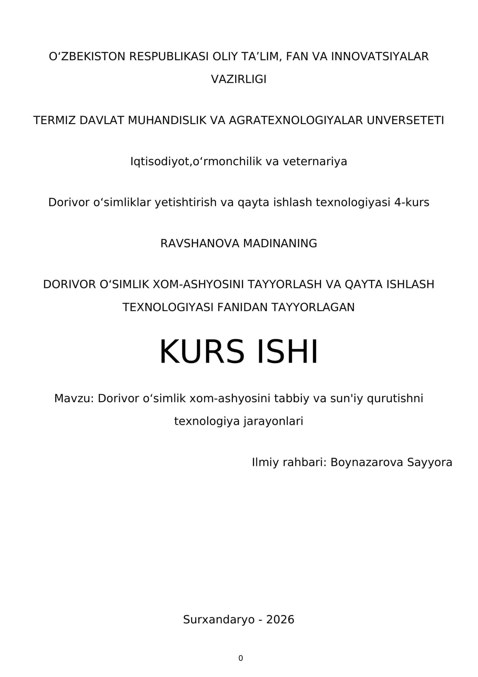 Dorivor oʻsimliklar yetishtirish va qayta ishlash texnologiyasi 4-kurs 1