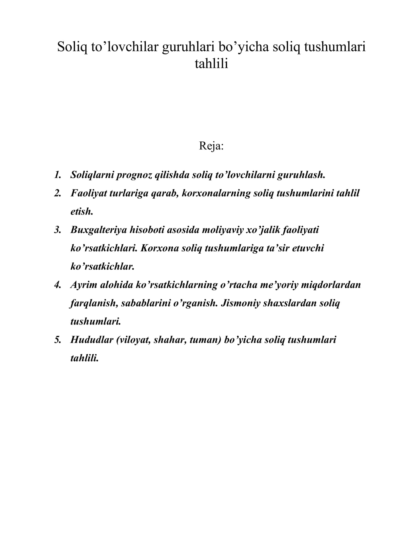 Soliq to’lovchilar guruhlari bo’yicha soliq tushumlari tahlili 1