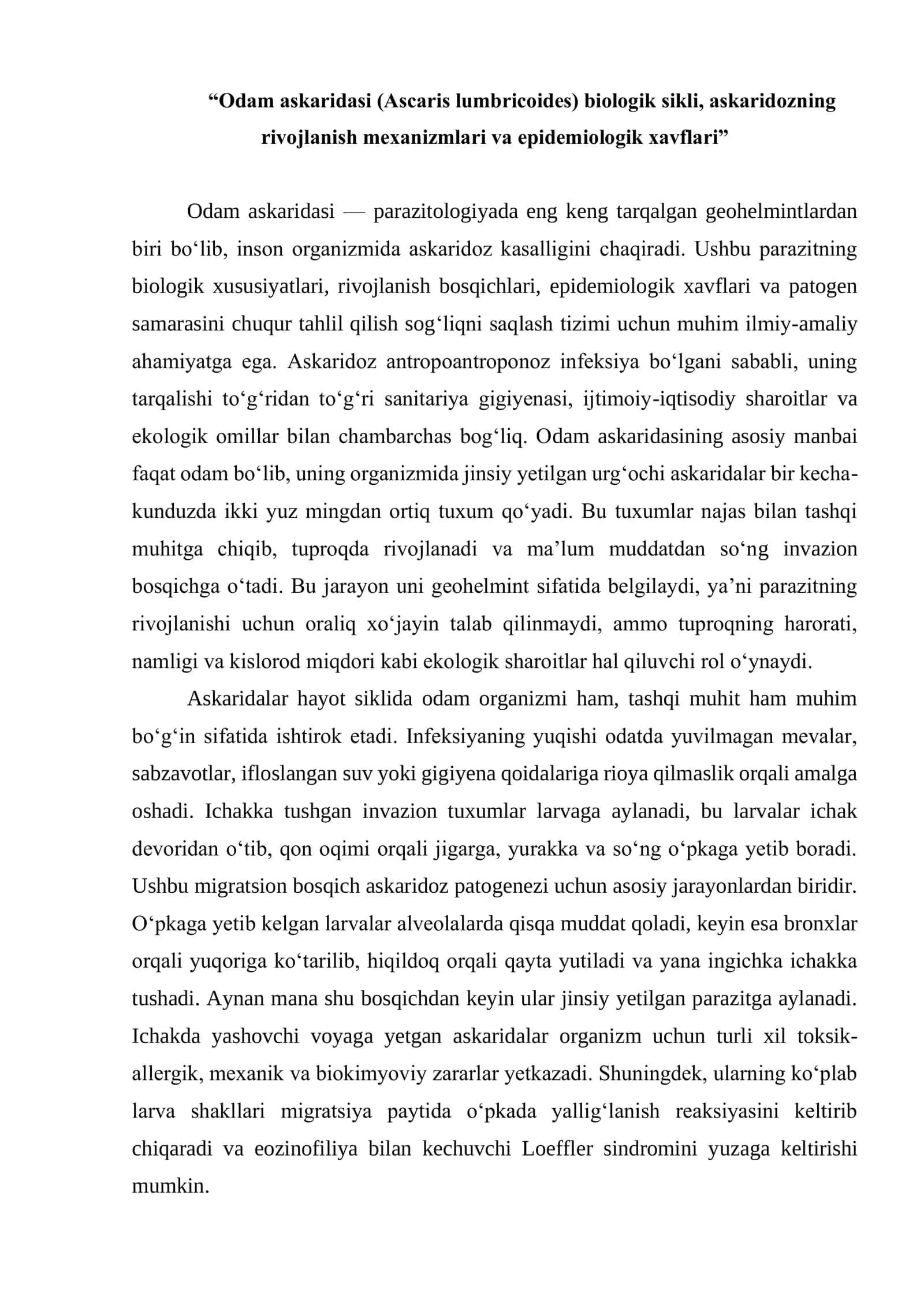 Odam askaridasi (Ascaris lumbricoides) biologik sikli 1